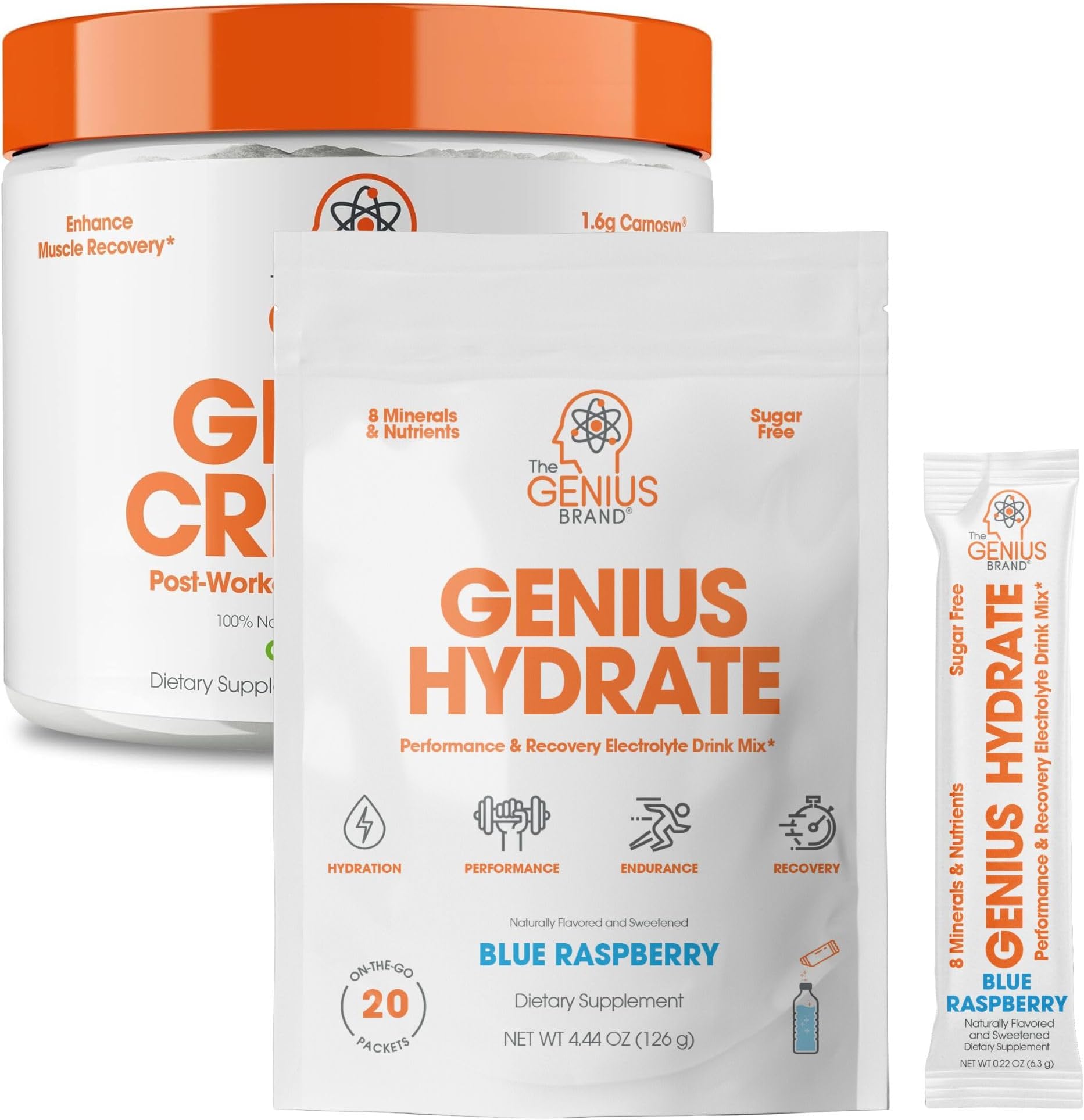 Genius Hydration & Muscle Support Bundle - Hydrate Stick Pack Powder Drink Mix & Micronized Creatine Monohydrate Powder - Natural Electrolyte Booster & Post-Workout Supplement