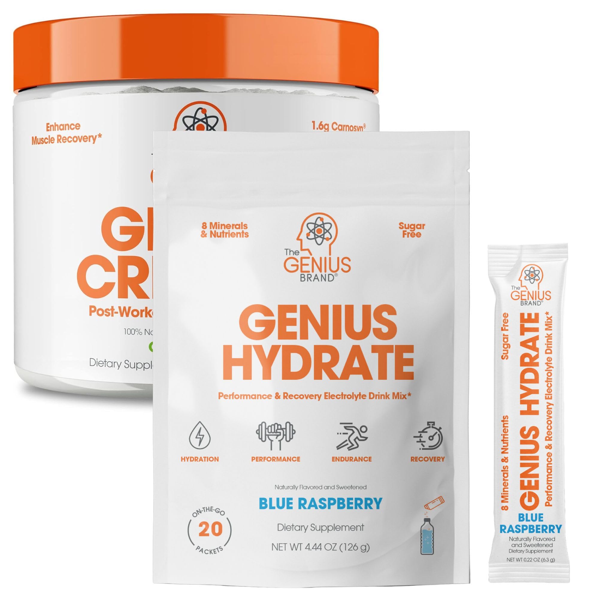 Genius Hydration & Muscle Support Bundle - Hydrate Stick Pack Powder Drink Mix & Micronized Creatine Monohydrate Powder - Natural Electrolyte Booster & Post-Workout Supplement