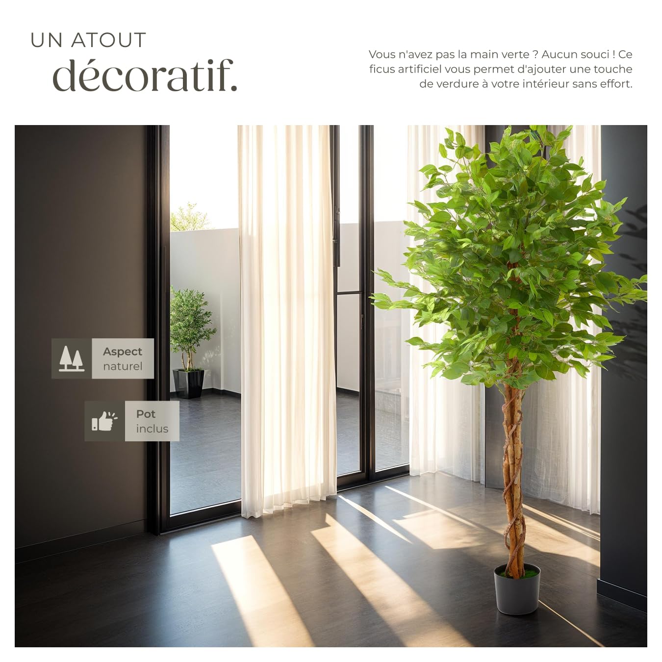 tectake® Plante Artificielle Ficus Artificiel 180cm Fausse Plante Interieur Arbre Vert Arbre Artificiel Décoration Maison idéal pour Décoration Salon Chambre Cuisine Dressing Chambre Enfant Bureau