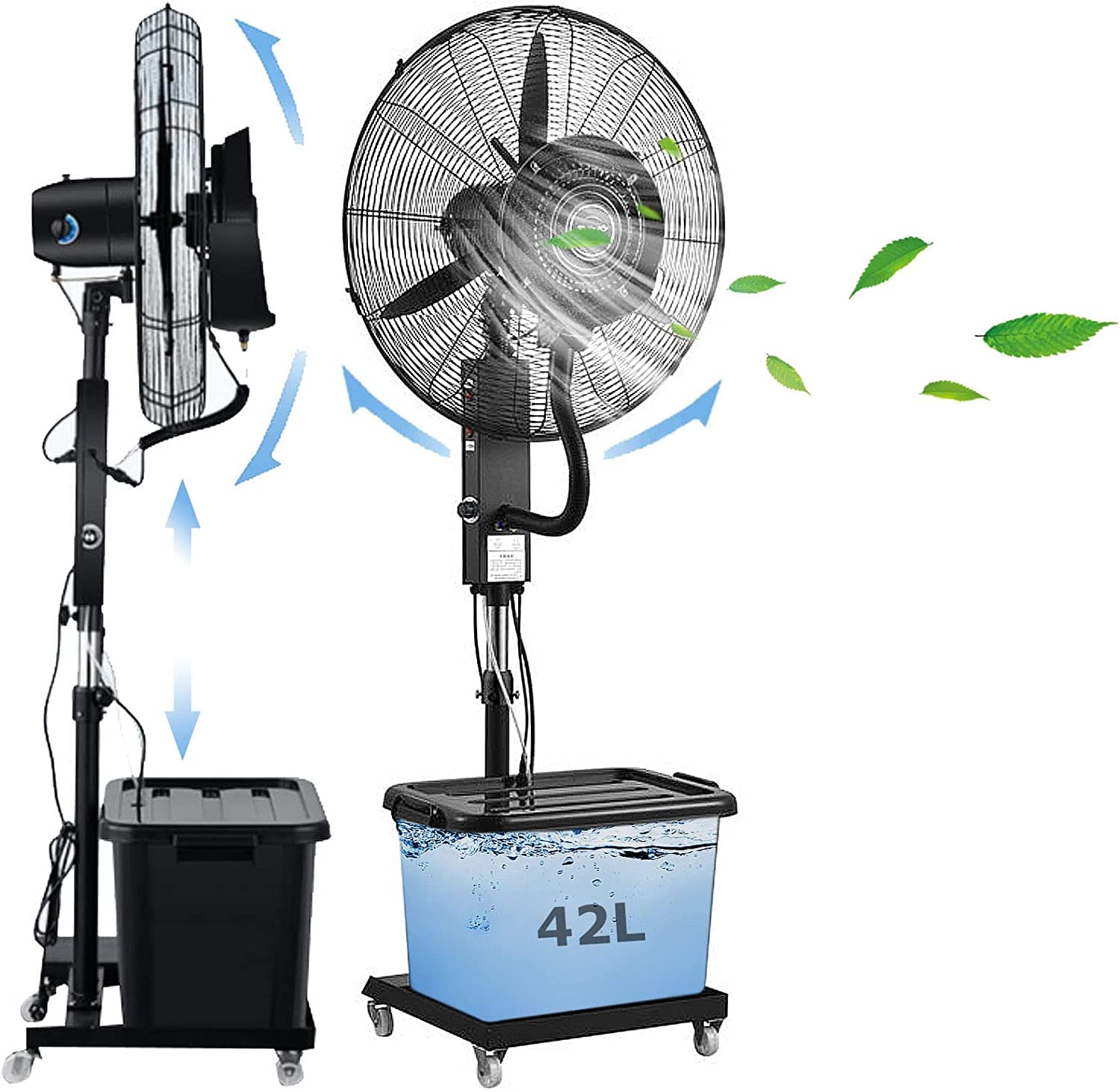 Ventilateur brumisateur oscillant à 90°, ventilateur industriel haute vitesse avec réservoir 42L pour serres, ateliers et grands espaces ouverts
