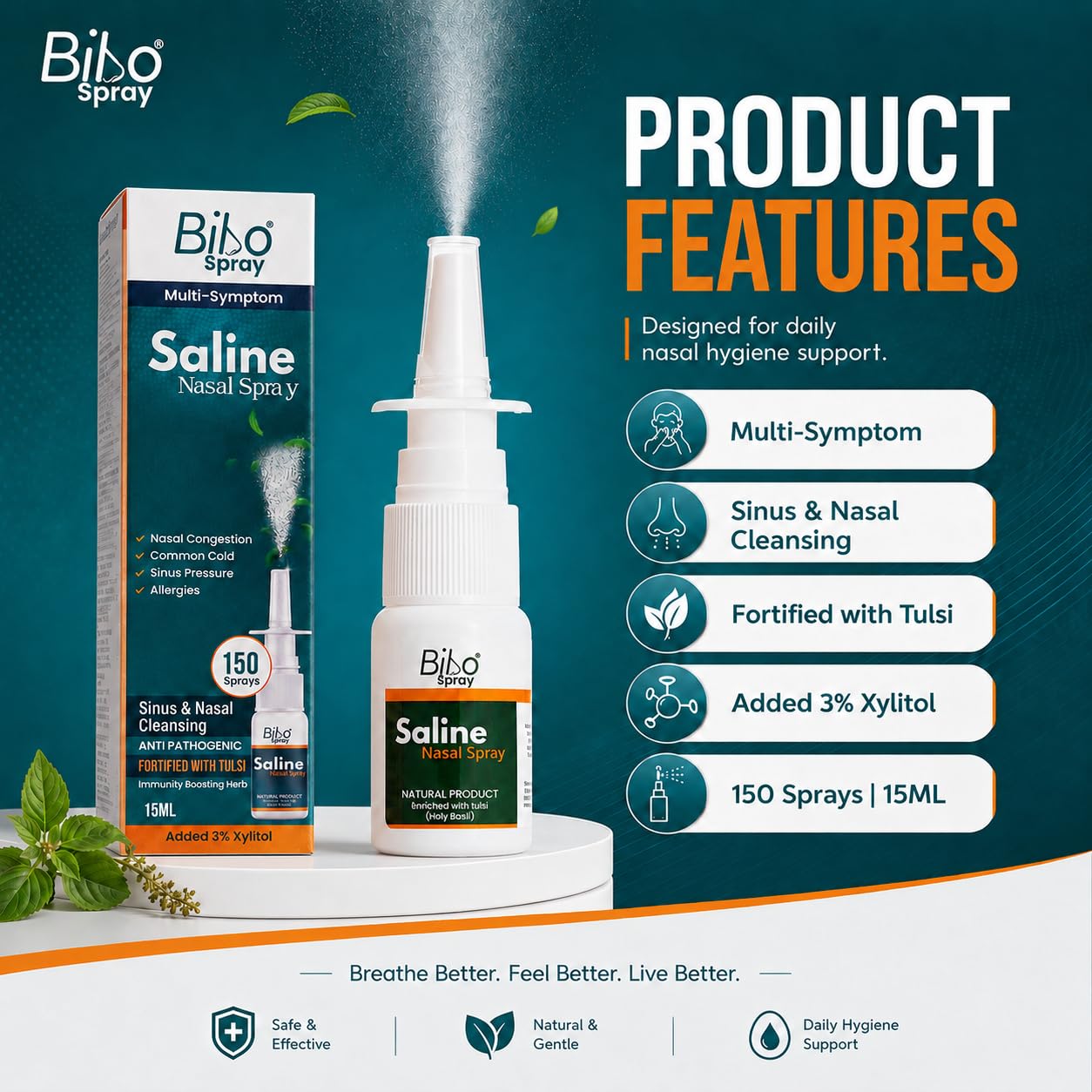 Bibo Saline Nasal Spray with Tulsi & 3% Xylitol for Daily Nasal Cleansing, 150 Sprays, 15 ml 1