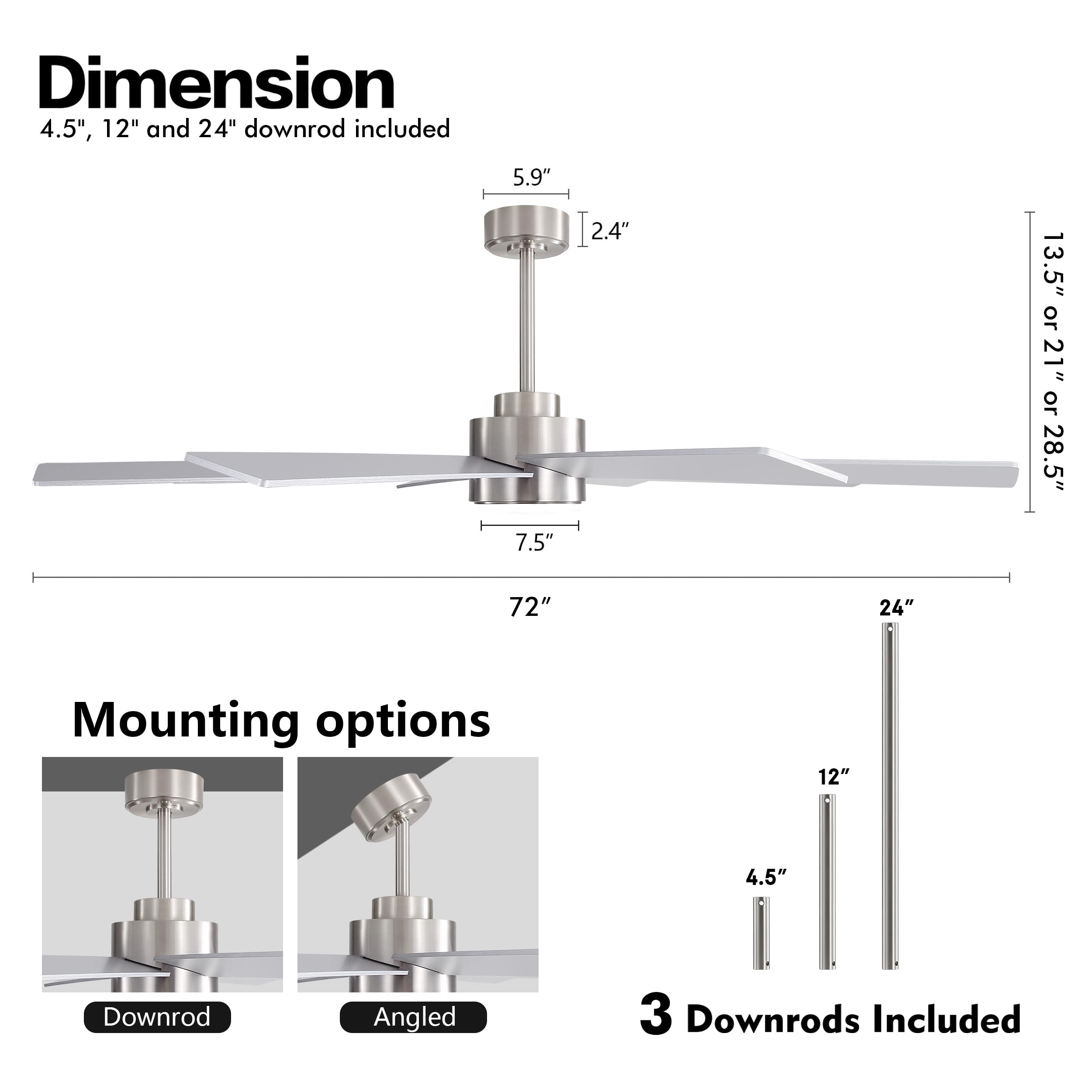 WINGBO 72 Large DC Ceiling Fans without Lights 3 Downrods 8 Plywood Blades 6-Speeds Reversible DC Motor Indoor — view 4