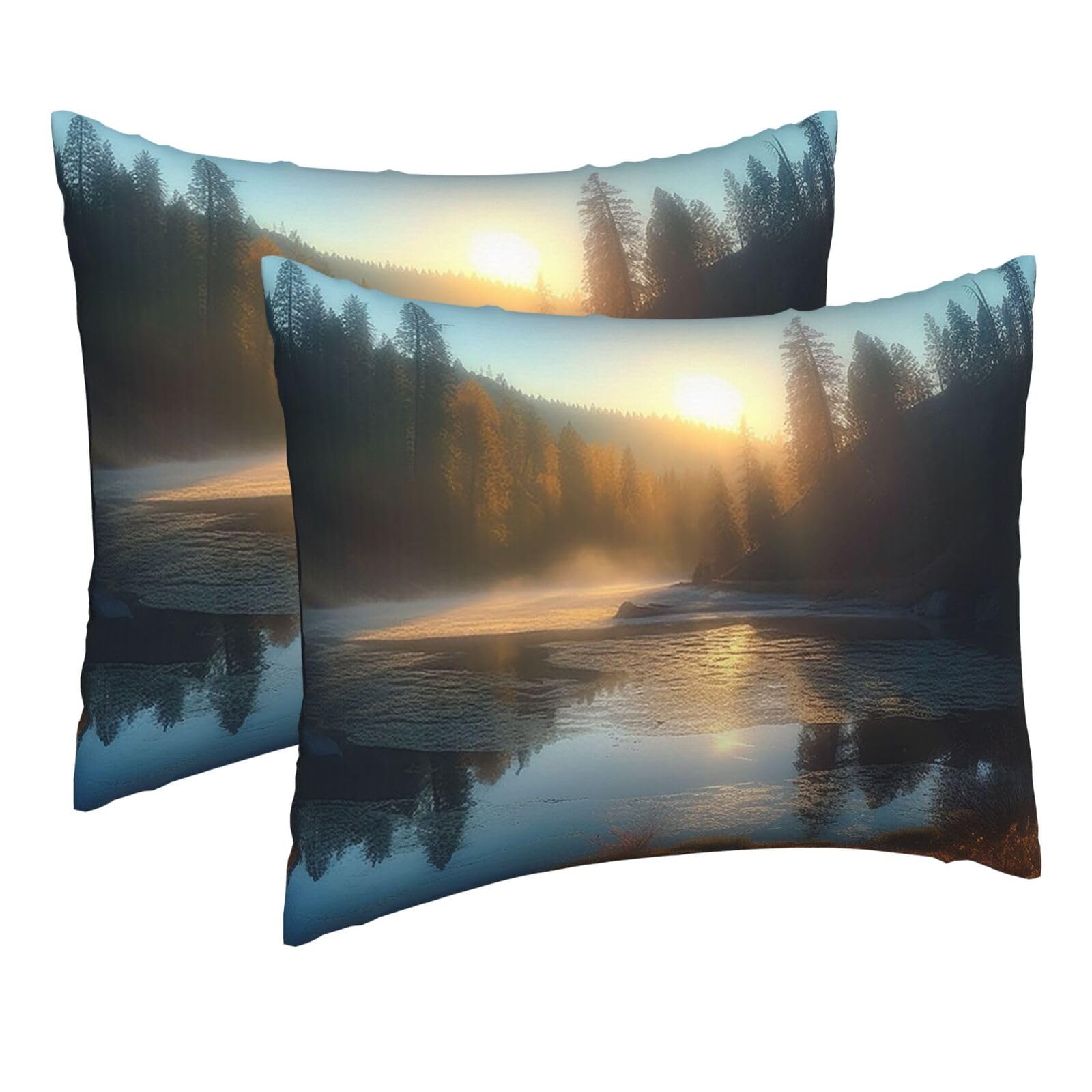 2 Pack Pillow Cases with Hidden Zipper, Soft Breathable Pillow Covers for Hair and Skin, Sunrise Over Mountain Forest Lake Pillowcases 16"x20" Bed Pillow Protectors Cover for Sleeping Gifts