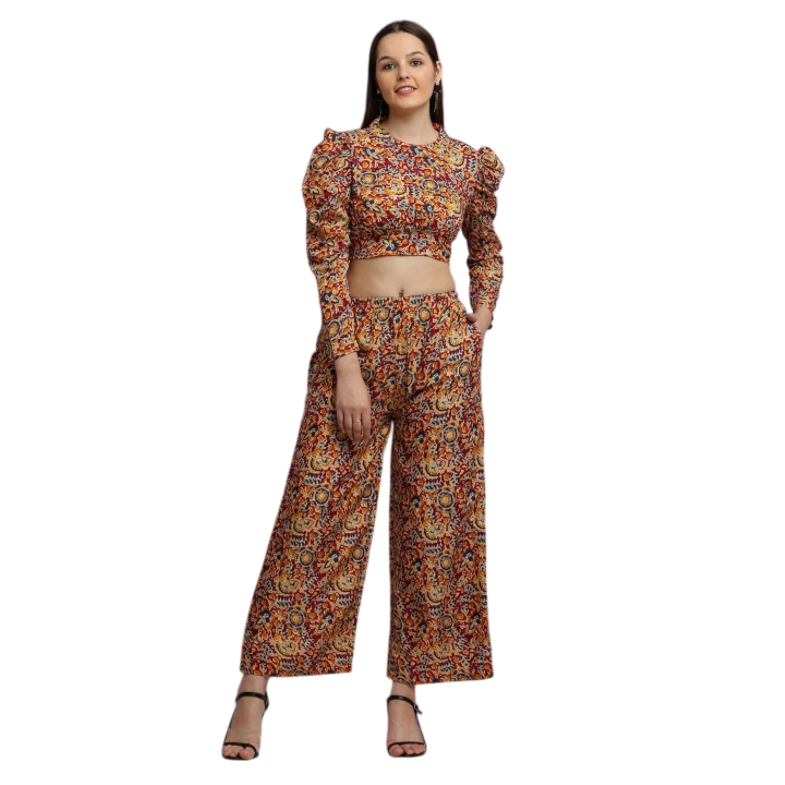clothink india Women's Ethnic Co-ord Set | Printed Crop Top with Full Sleeves & Back Tie with Matching High-Waist Flared Pants | Festive & Casual Two-Piece Outfit for Travel, Brunch-picture-11