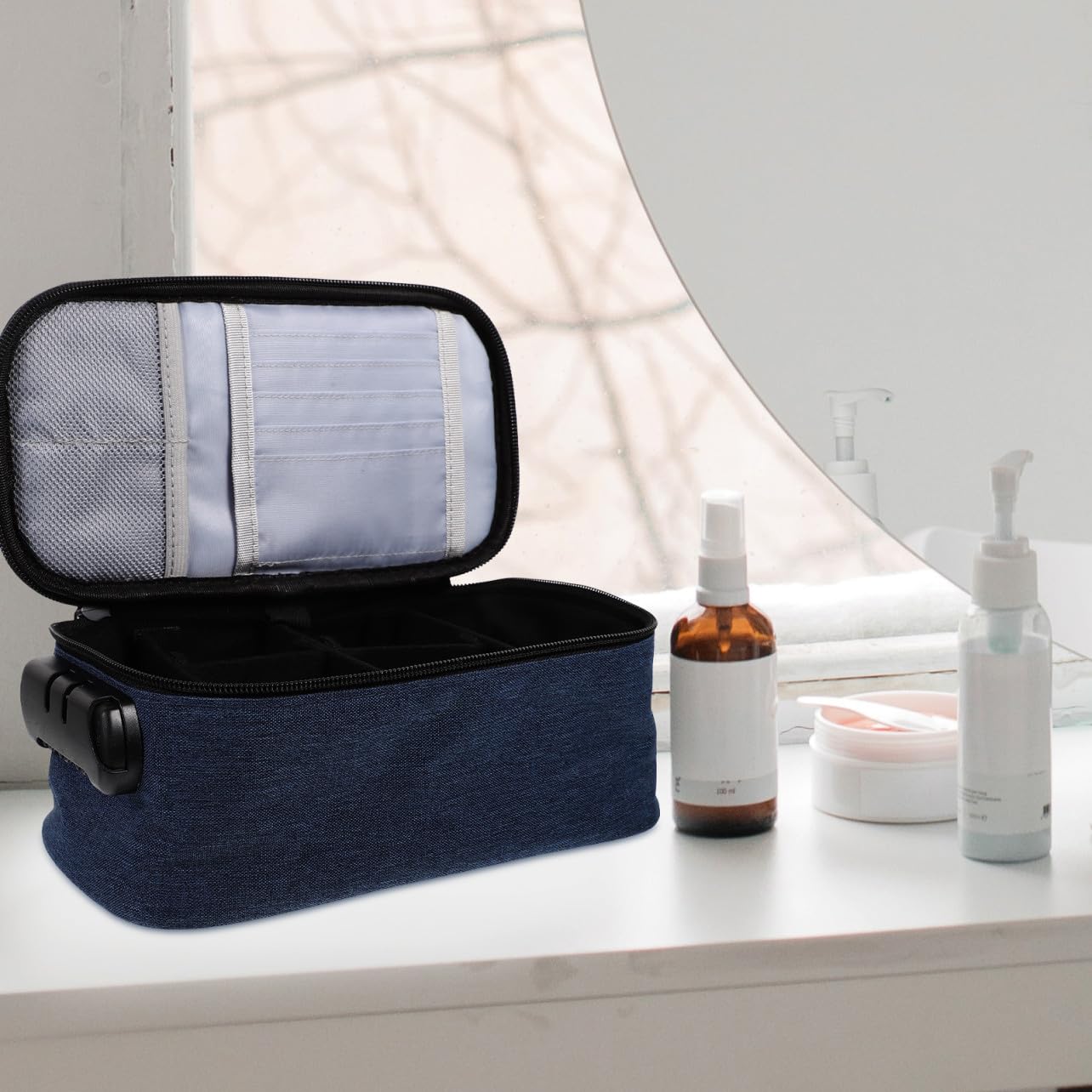 Borsa da Viaggio Portatile con Scomparti Multipli Organizer Cosmetico e Beauty Case per Donna Trousse da Toilette con Cerniera per Viaggi e Bagagli Blu