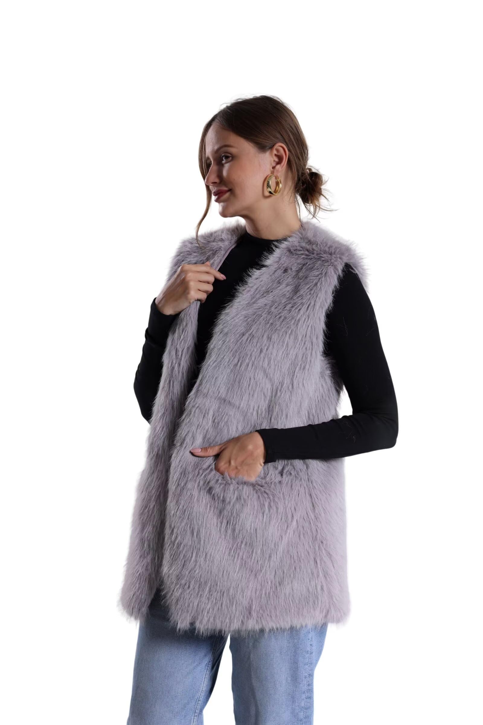 Chaleco de piel sintética de conejo para mujer, abrigo de invierno con cuello en V, sin mangas, mullido, cálido, chaleco de piel sintética con bolsillos