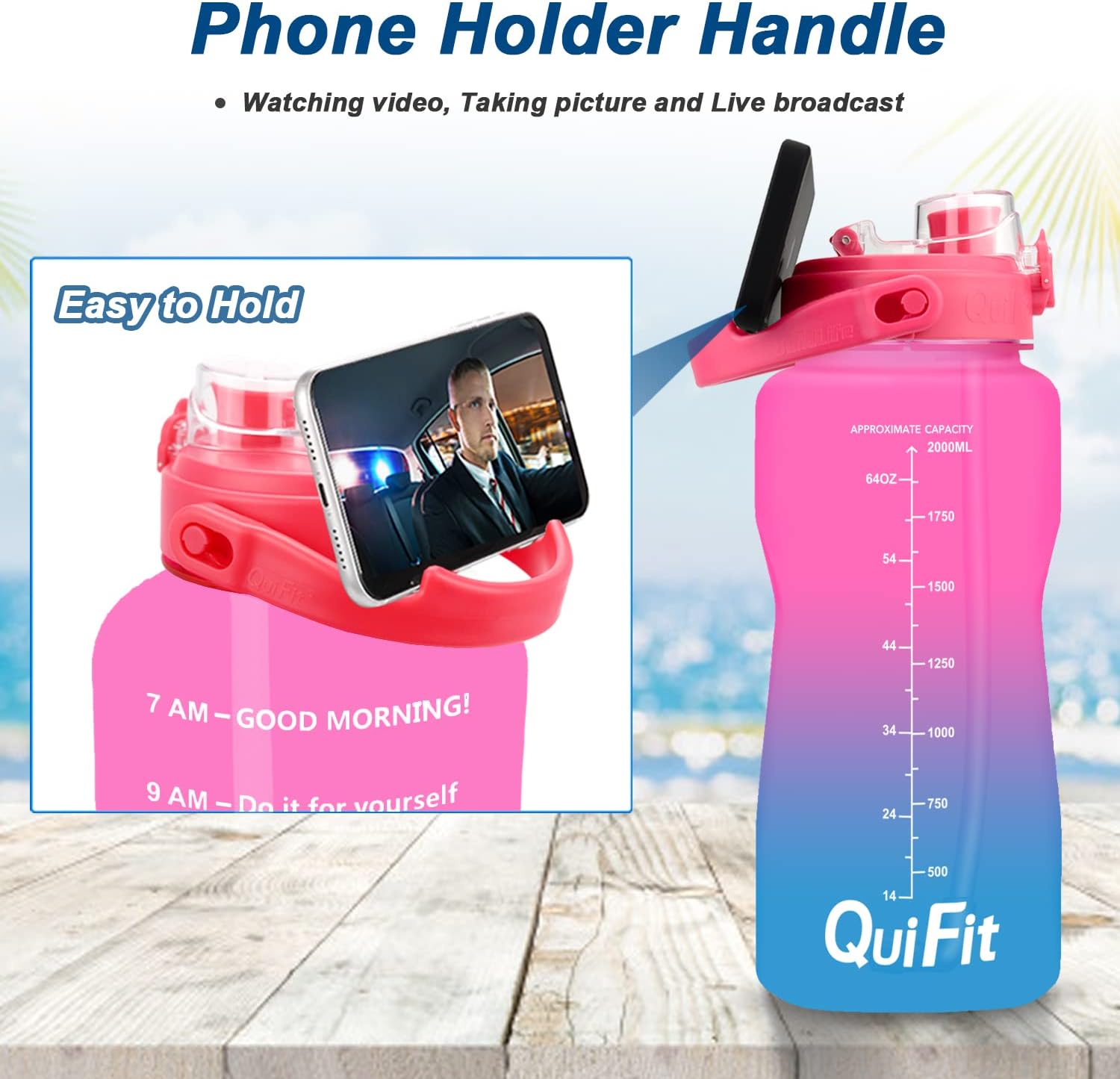 BuildLife Half Water Bottle BPA Free with Removeable Straw & Time Marker Wide Mouth Large Water Jug Reusable Leak-Proof(Pink/Blue, 64OZ)