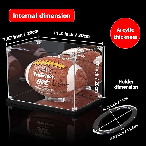 Miniatura 6 de Vitrina de fútbol con respaldo y base de espejo, vitrina acrílica para fútbol americano de tamaño completo (12 x 8 x 8 pulgadas, 11.8 x 7.9 x 7.9 in)
