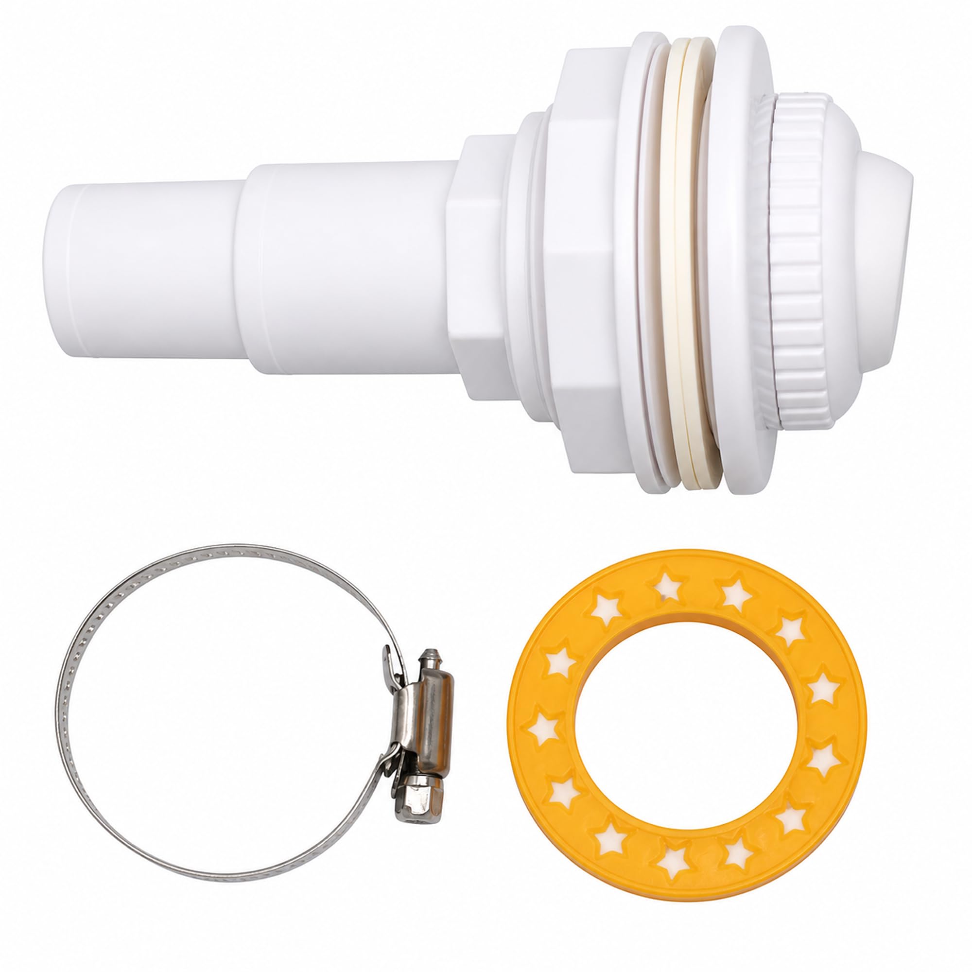FibroPool Pool Return Jet Kit – Adjustable Eyeball Fitting, Stainless Steel Clamp, 3 Gaskets & PTFE Tape – Fits 1-1/4" & 1-1/2" Hose – Above Ground Pool Return Assembly