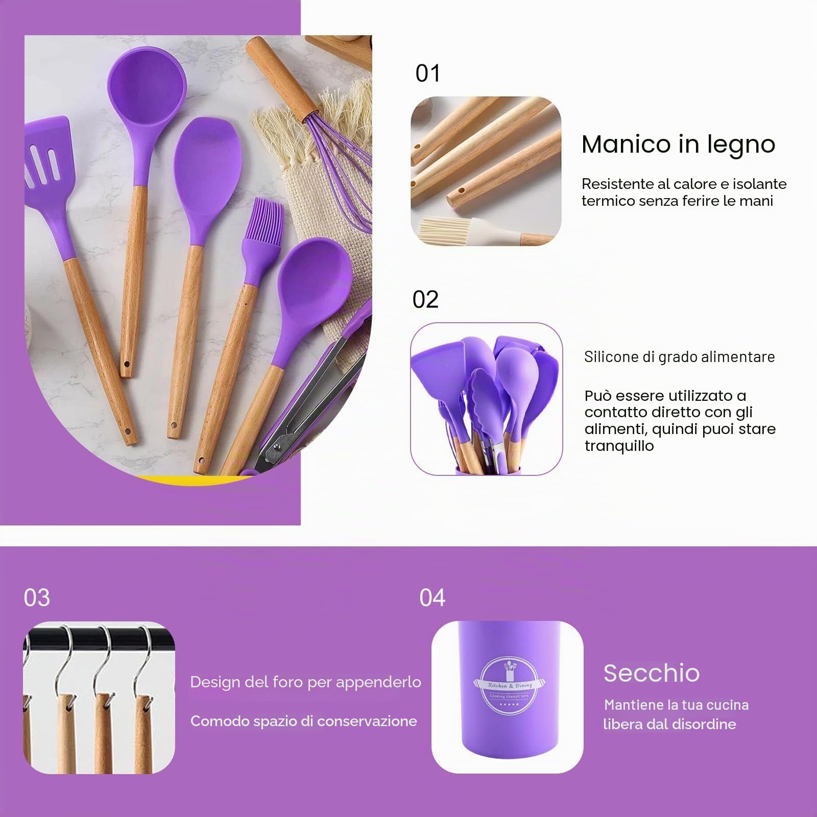 Set di utensili da cucina, 12 pezzi, set di utensili da cucina in silicone con manico in legno, resistenti al calore, antiaderenti, set di utensili da cucina in silicone, adatti per la cucina (viola)