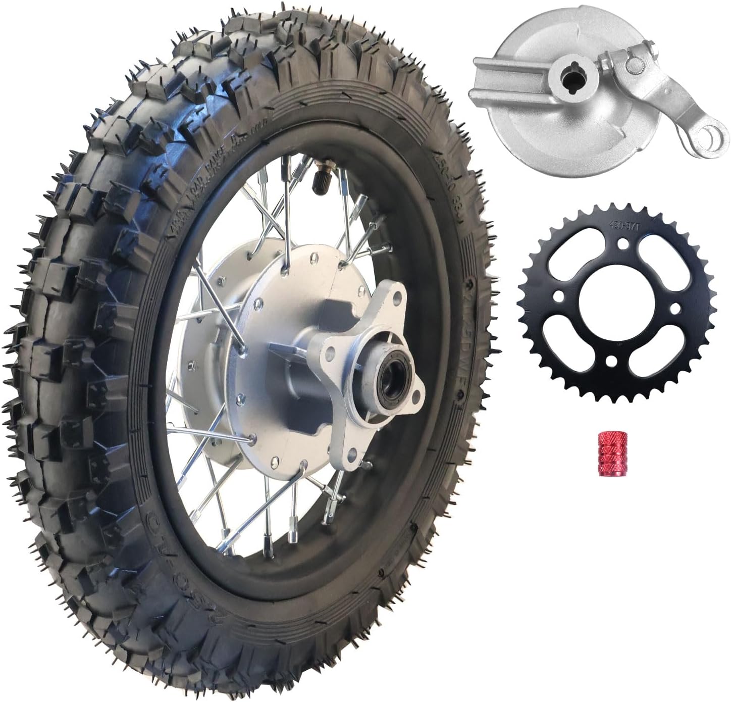 2.5-10 10 Inch Rear Wheel Tire and Rim 12mm Bearing 1.4 x 10 And Drum Brake With 420 37T Sprocket for 50/70/ 90/110cc BBR50 DRZ70 TTR50 DRZ50 CRF50 PW50 TTR50 Chinese SSR Dirt Pit Bike ATVs