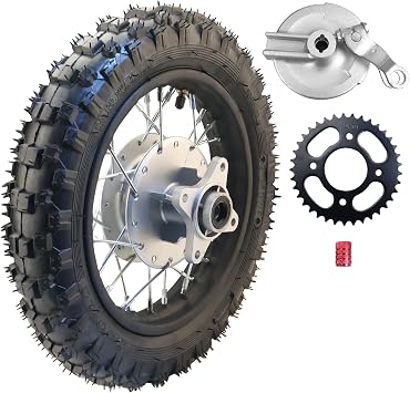 2.5-10 10 Inch Rear Wheel Tire and Rim 12mm Bearing 1.4 x 10 And Drum Brake With 420 37T Sprocket for 50/70/ 90/110cc BBR50 DRZ70 TTR50 DRZ50 CRF50 PW50 TTR50 Chinese SSR Dirt Pit Bike ATVs
