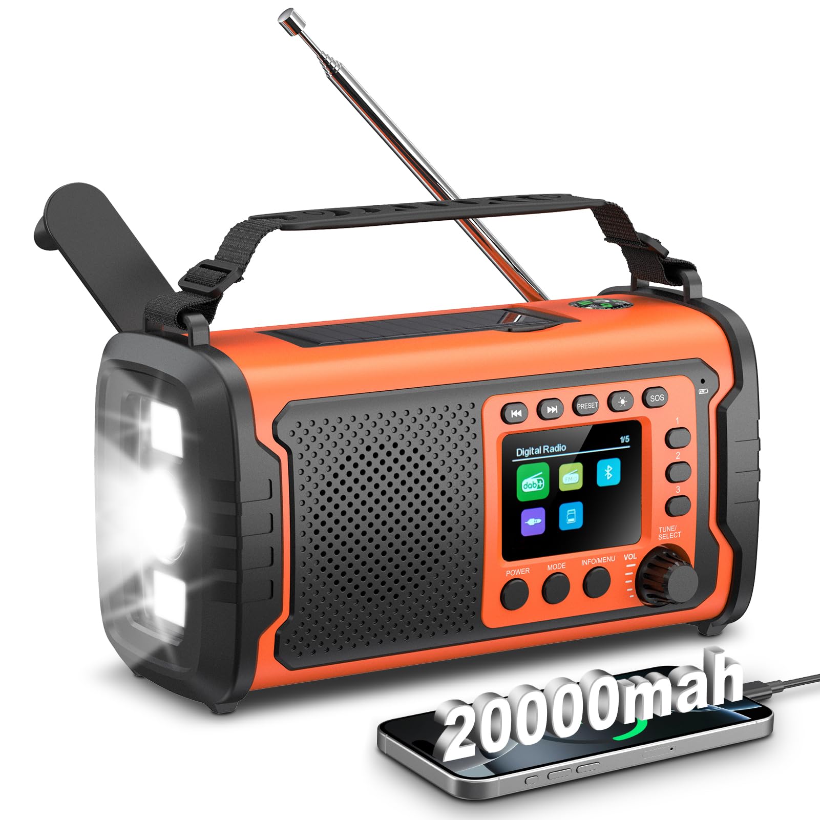 Radio d'urgence Dab+/FM 20000mAh avec Powerbank, Solaire et à Manivelle