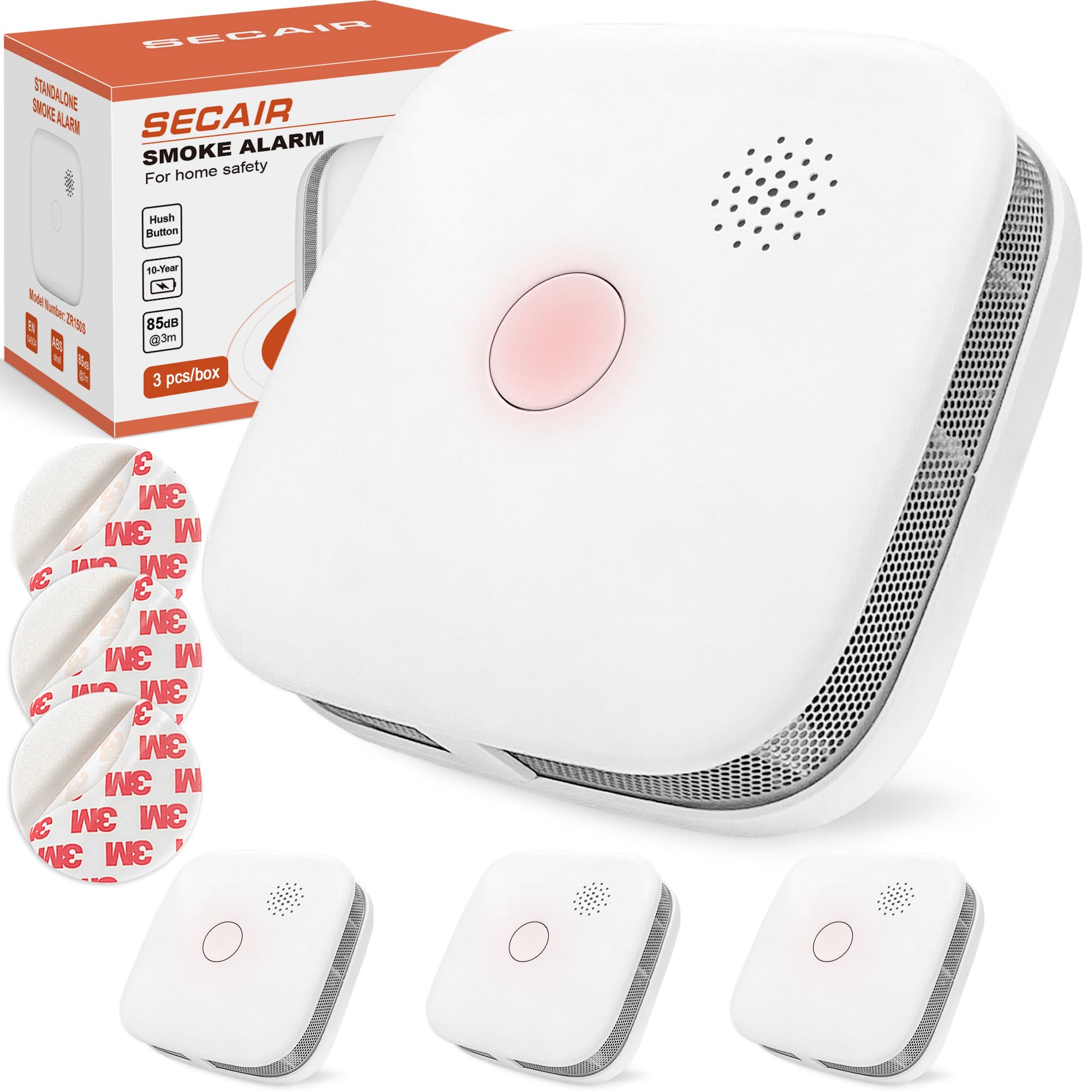 SECAIR Smoke Alarms for Home,Test/Silence Button,85 dB Smoke Alarm, Fire Alarms,Smoke Detector Conforms to EN 14604 Standard for Home,White (White, Standalone×3)