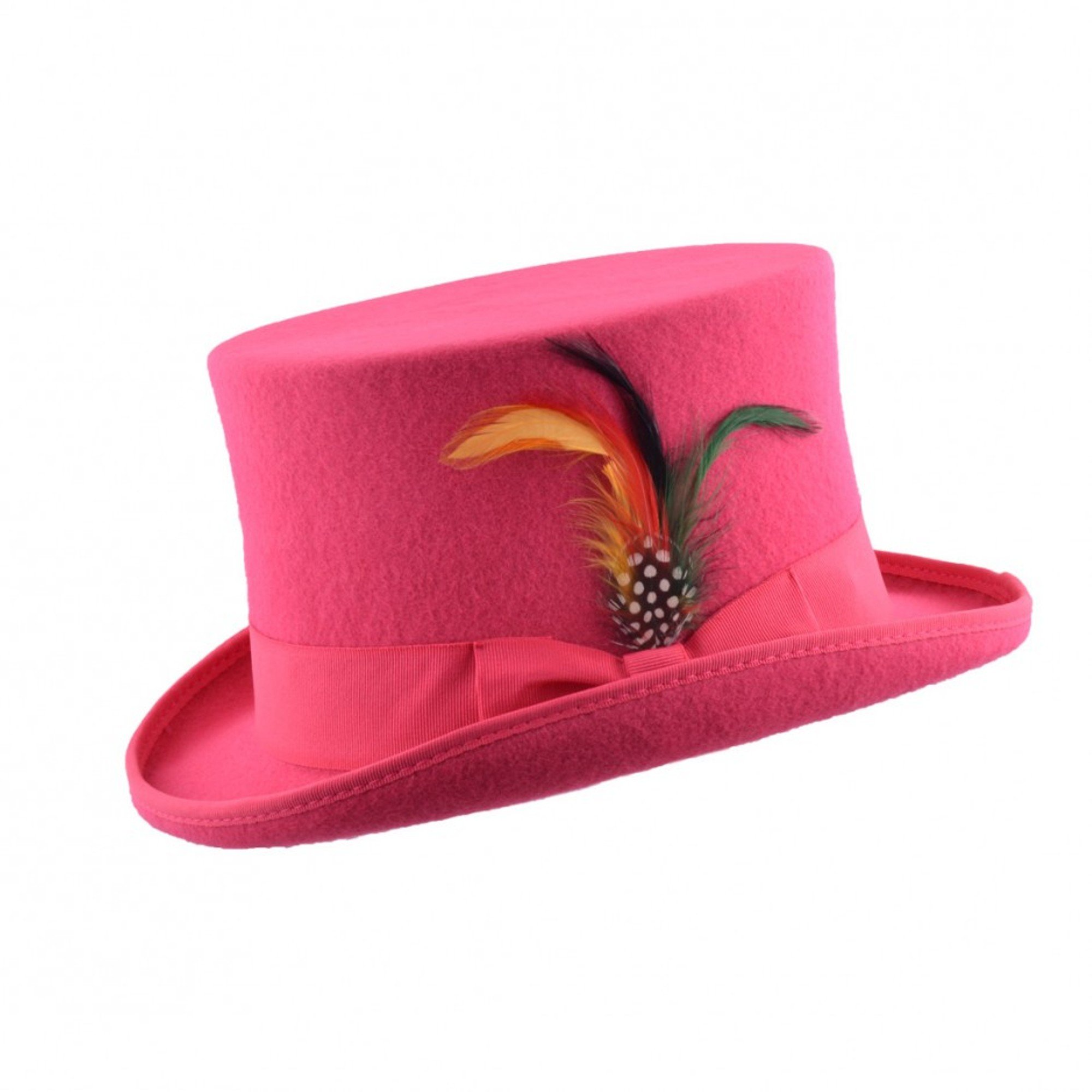 viz-uk wear Unisex HOT Pink 100% Wool Hand Made Satin Lined Wedding Event Derby Felt TOP HAT with Feather Small(55cm)