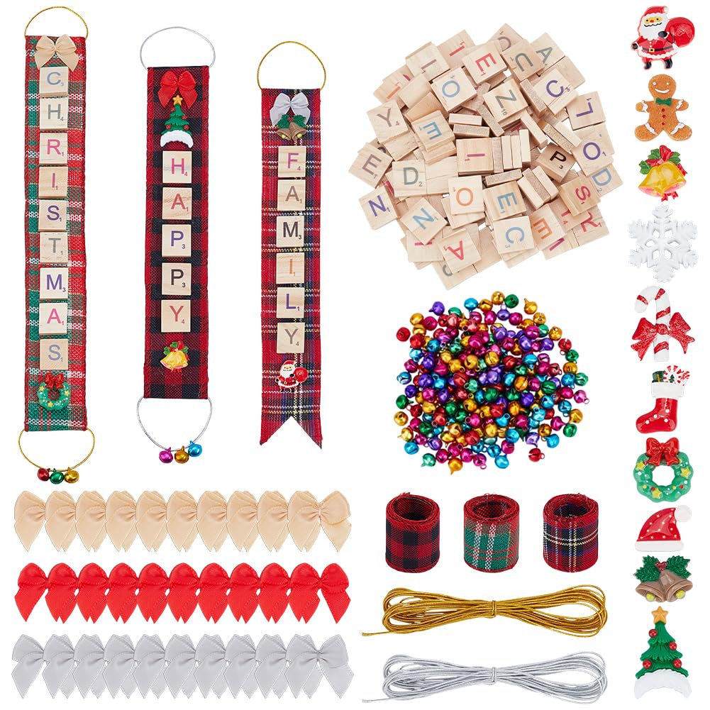 BENECREAT 340Pcs Christmas Ornaments Craft Kit, Assorted Mini Shapes (Snowflakes/Trees/Bells) Resin Charms Set & Colorful Ribbons, DIY Wreath Decor Supplies for Family Crafting Activities