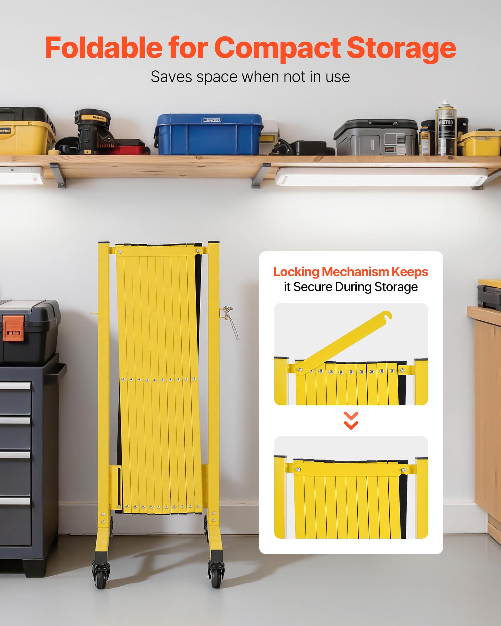 VEVOR Barricada Extensible de 3,94 m, Barrera de Seguridad Plegable con Rueda y Freno, Valla Metálica Portátil de Aleación de Aluminio, para Obra Construcción Control de Espacios, Color Negro Amarillo