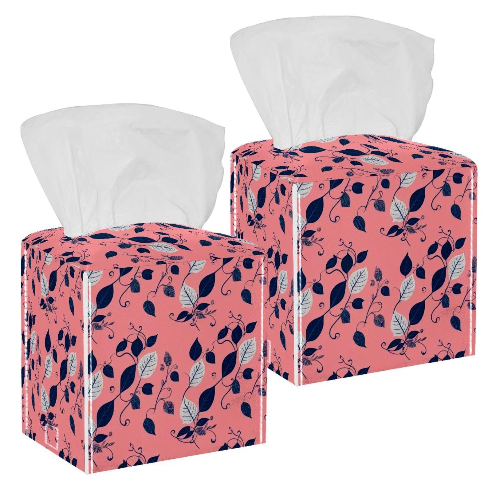 Artistic Leaves Tissue Box Cover, 2 Pack PU Leather Square Facial Tissue Dispenser Box holder for Home Office Car