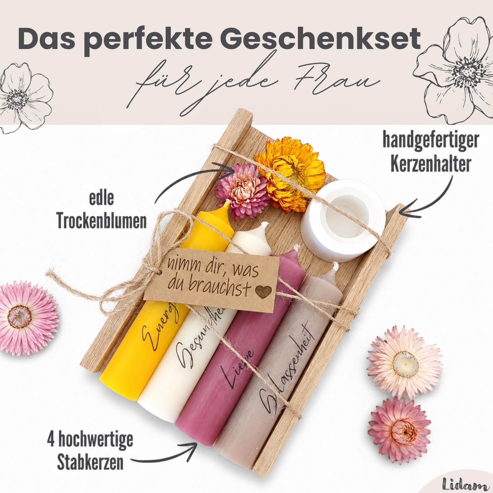 Kerzen Geschenkset Geburtstagsgeschenk für Frauen oder Freundin | nimm dir, was du brauchst | Mitbringsel | Kerzenhalter Holzkiste mit Kerzen Deko und Strohblumen