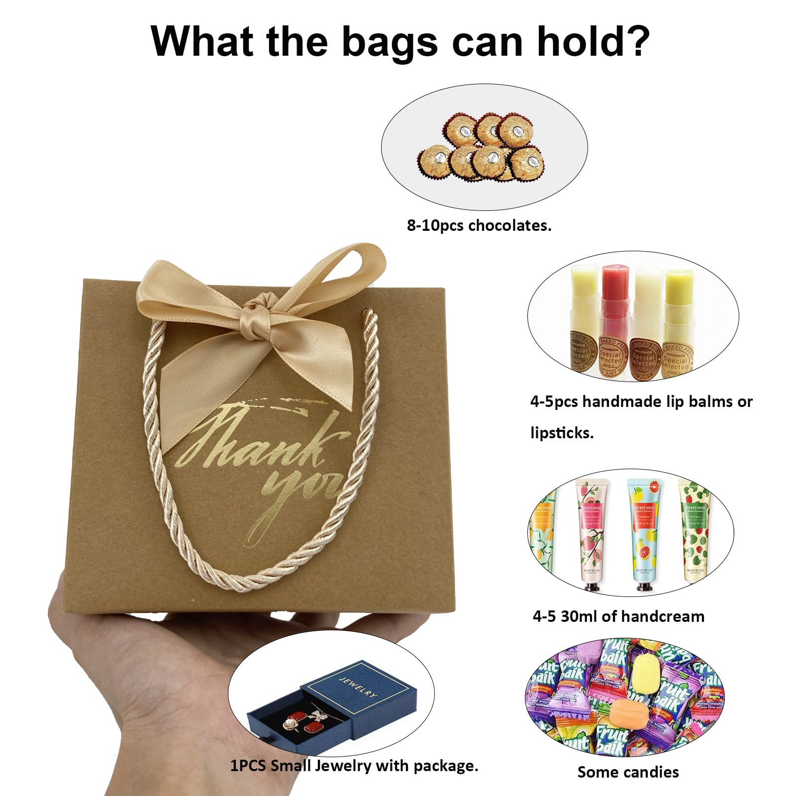 TKSBAG 50 sztuk 14 x 6 x 11 cm małe torby na prezenty, małe torebki na prezenty z podziękowaniami, z uchwytami, brązowe mini torby do pakowania prezentów na wakacje, ślub, baby shower, urodziny,
