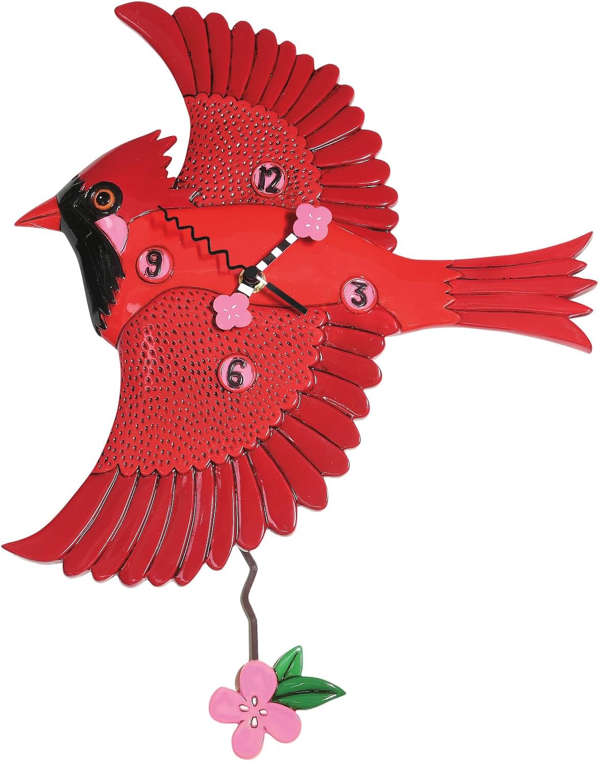 Enesco Allen Designs Cardinal's Song Bird with Flower Sculpted Pendulum Wall Clock, 12.2 Inch, Red