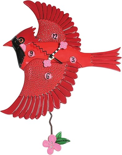 Enesco Allen Designs Cardinal's Song Bird - Reloj de pared con péndulo esculpido con flores, 12.2 pulgadas, color rojo