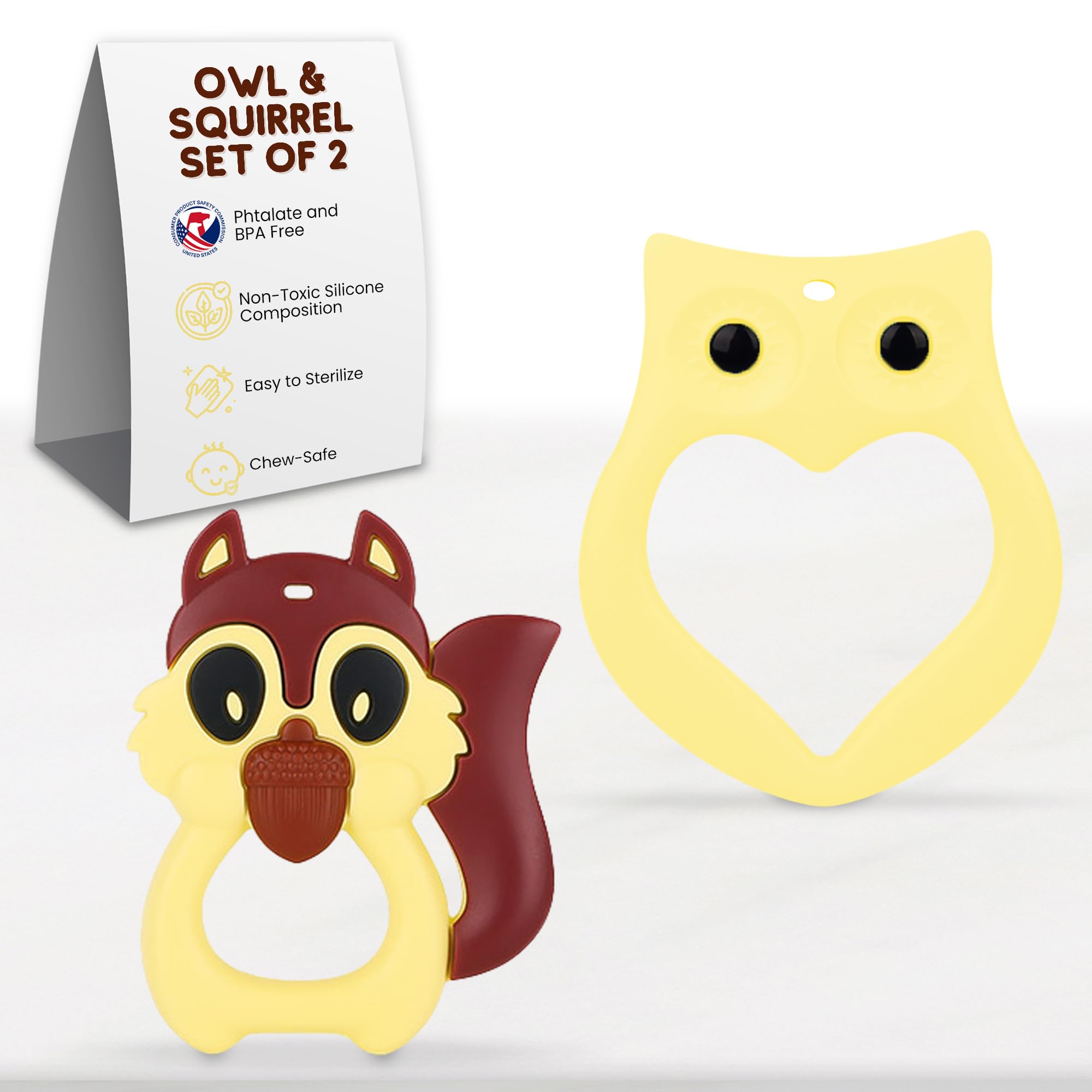 Elbebe Silicone Teething Toys - Baby Teething Toys - Baby Teether - Silicone Teethers for Babies - Baby Chew Toys - Silicone Baby Teether - Infant Teething Toys - Owl & Squirrel - Set of 2