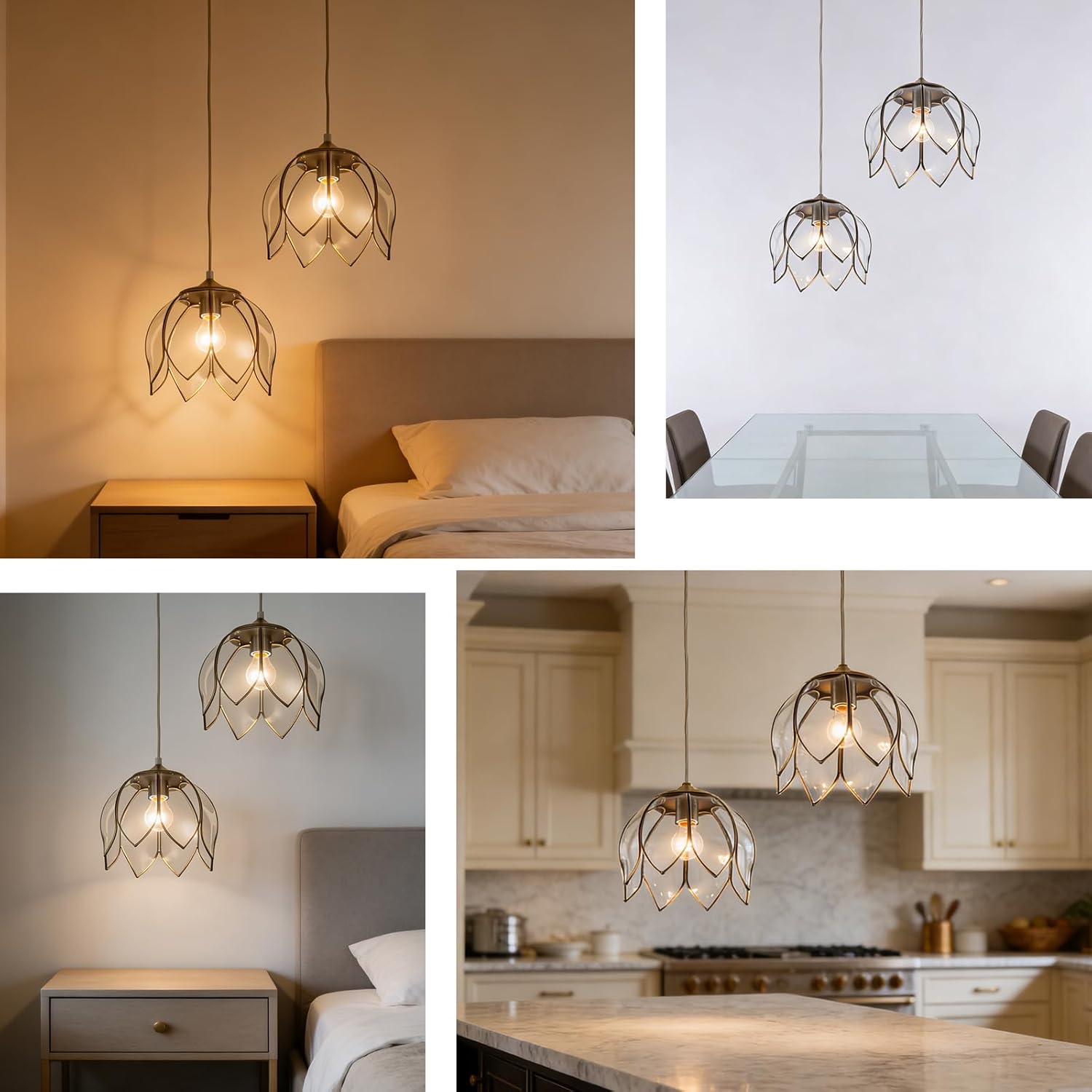 Brass Glass Ceiling Tiffany Pendant Light, Hanging Chain lamp, with Vintage Lotus Flower Glass Shade for Kitchen Island Dining Room Bedroom Living Room-9.25" Clear Shade