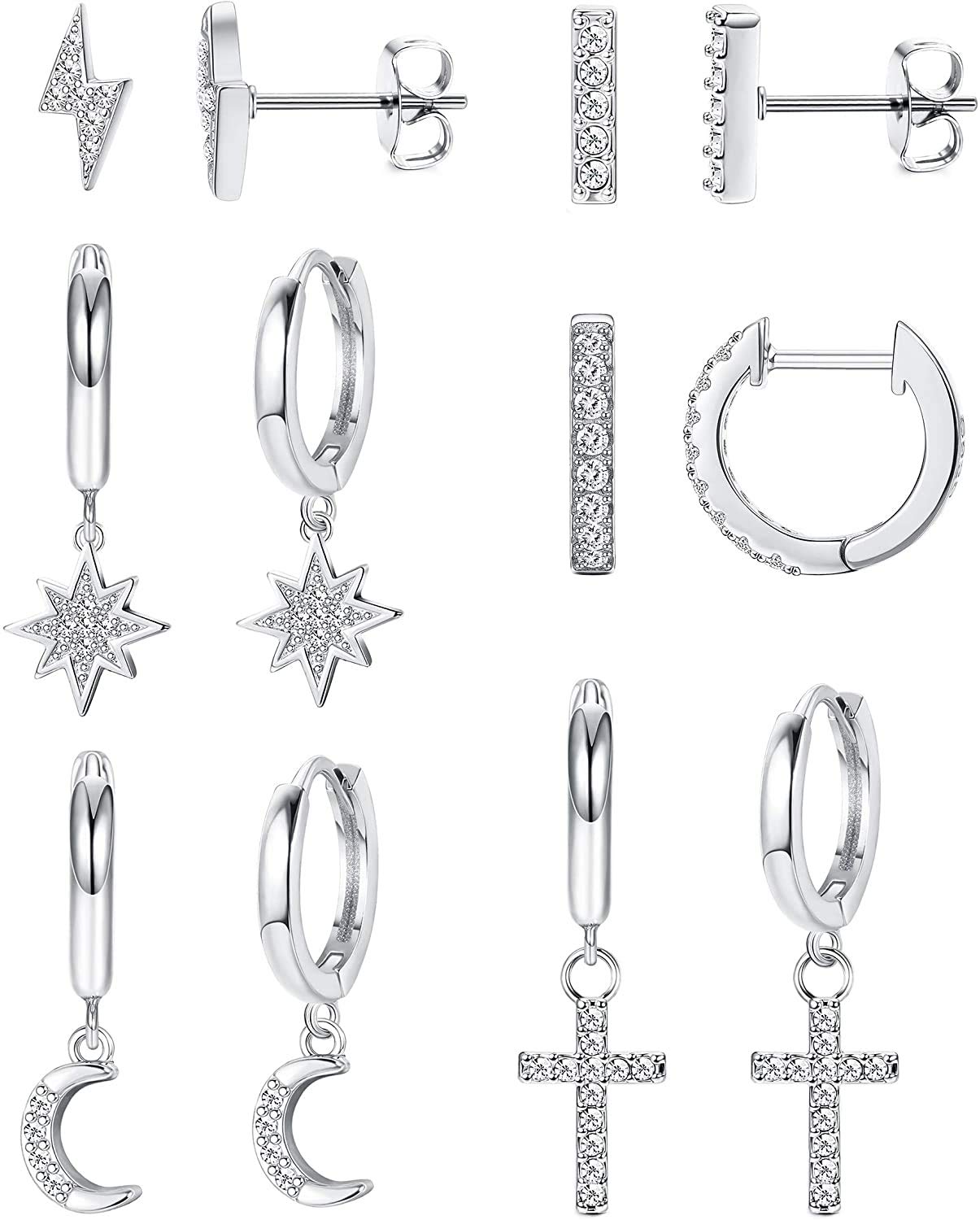 LOLIAS 6 Pares Luna Estrella Pendientes Aro Colgantes Cruz Plata 925 para Mujer Arete Pequeños Pendientes Relámpago Barra Pendientes Huggie Pendientes Conjunto Zirconia Cúbica