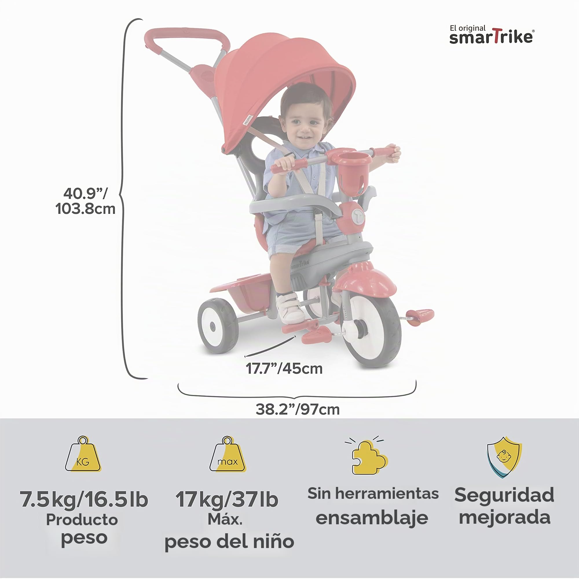 Triciclo para bebé SmarTrike Breeze Plus para niños de uno a tres años - Triciclo Multietapa 4 en 1, Rojo