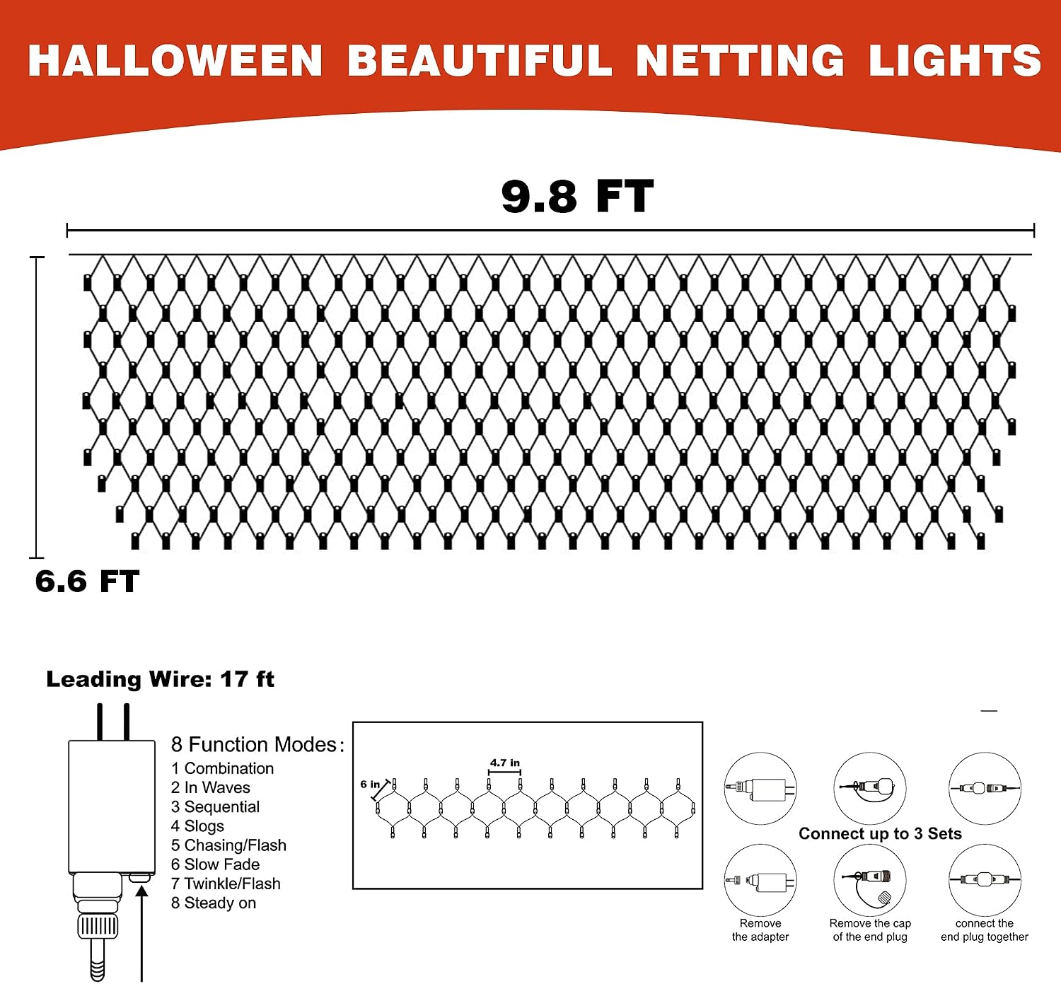 FUNPENY Halloween 200 LED Net Lights, 9.8ft x 6.6ft 8 Modes Waterproof Connectable Halloween Chritsmas Decorations for Outdoor Garden Party Decor (Orange & Purple)