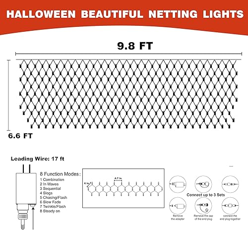 Miniatura 7 de Funpeny 8 sombreros de bruja colgantes de Halloween con tira de luces y 200 luces LED de red naranja y morada