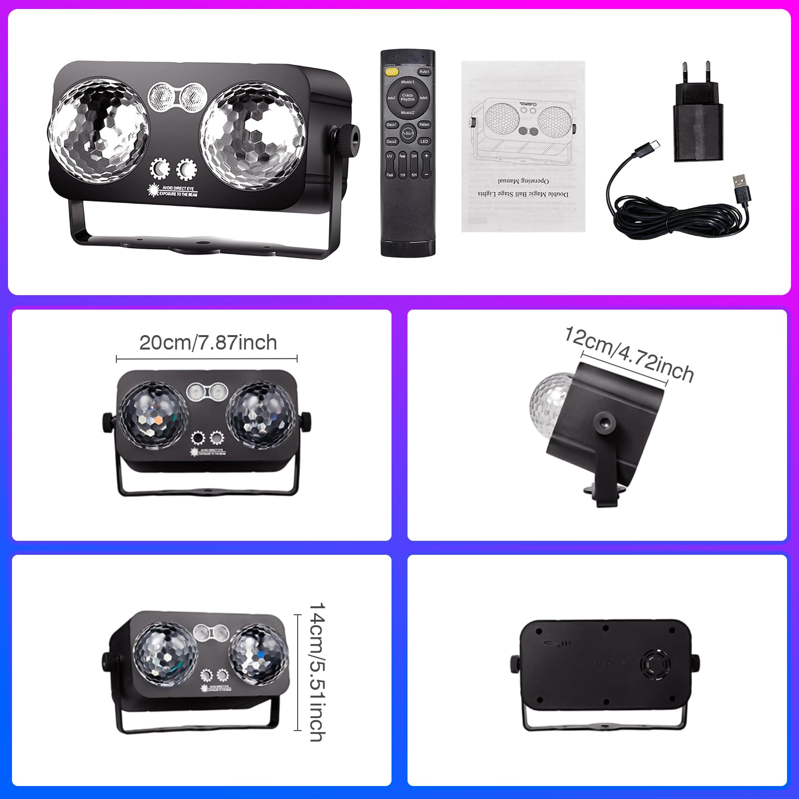 Tomshine 6 in 1 Lampada Festa Doppia Disco Ball – Luce DJ/Scenica Attivata dal Suono, 64 Motivi HD, UV, Strobo, Timer e Telecomando per Compleanno, Matrimonio & Decorazione