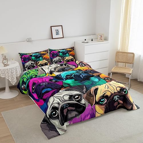Miniatura 3 de Juego de ropa de cama de perro carlino, edredón colorido de animales de mascotas de dibujos animados para niños, niñas, tamaño individual con 1