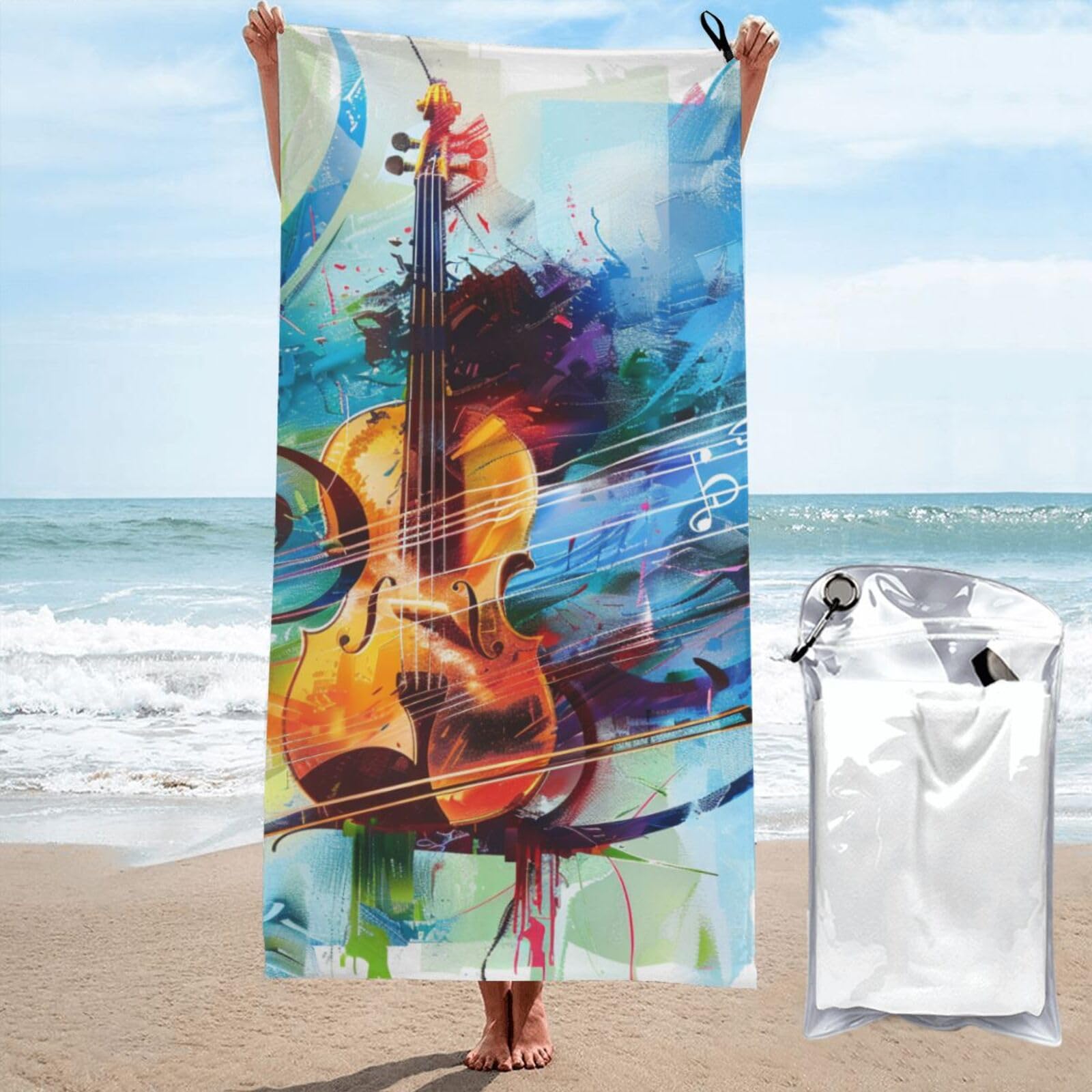 kkvhhyuo Microfiber Beach Towel, Music guitar Printed Lightweight Quick Dry Travel Bath Sheet with Compact Carry Bag for Swimming Yoga Camping Gym,27.5"x55"