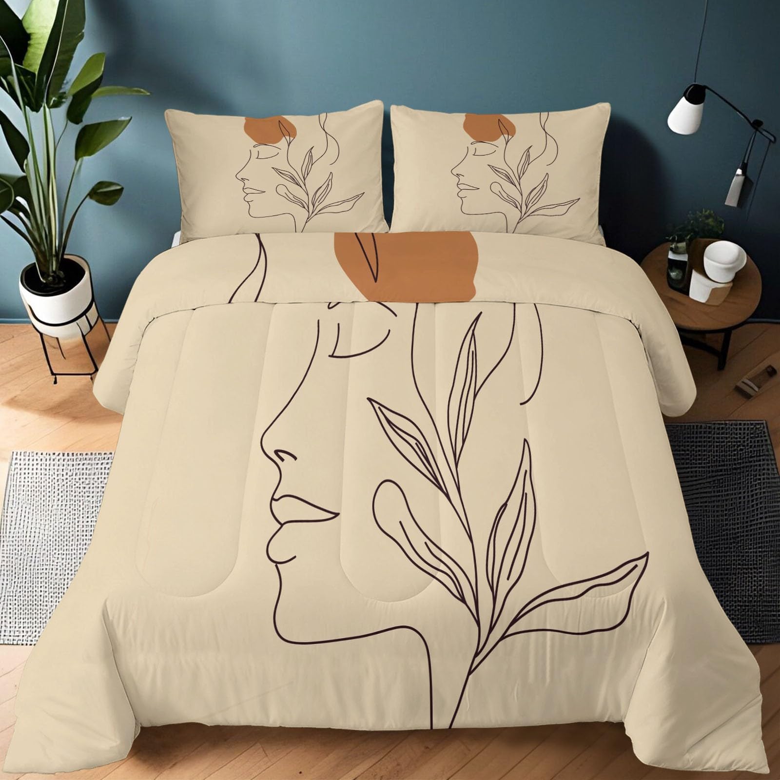 Bettdecke Ohne Bezug 220x240cm, Beige 4 Jahreszeiten Waschbare Bettdecken Minimalismus, Abstrakt Gesicht Pflanze Tagesdecke Warme Steppdecke - Weiche Wendebettwäsche mit 2 Kissenbezug