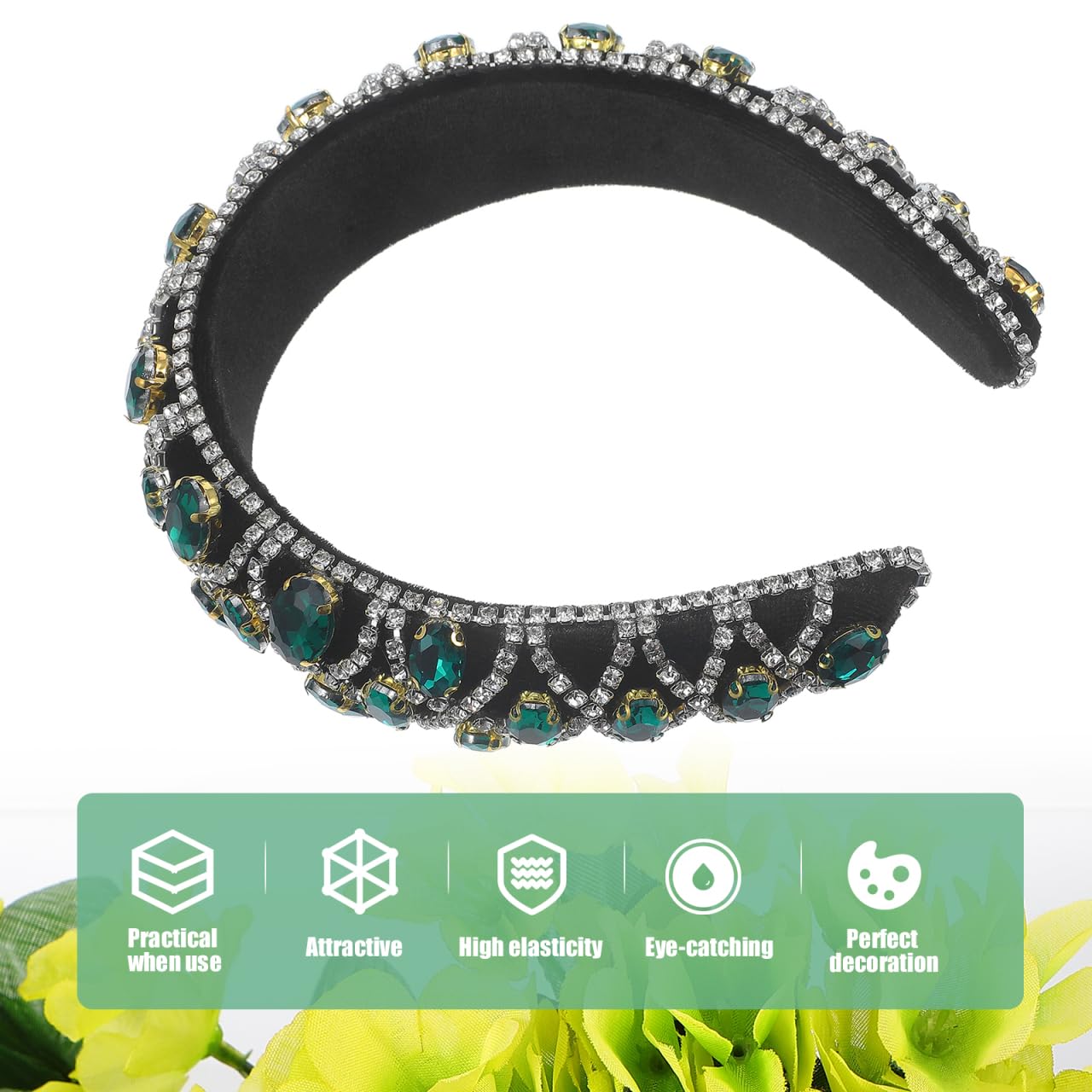 SOLUSTRE Baroque Rhinestone Headband for Women Fleece Sponge Hairband Elegant Beaded Hair Accessory Wide Band for Party and Daily Wear 5.90X5.11X1.85In