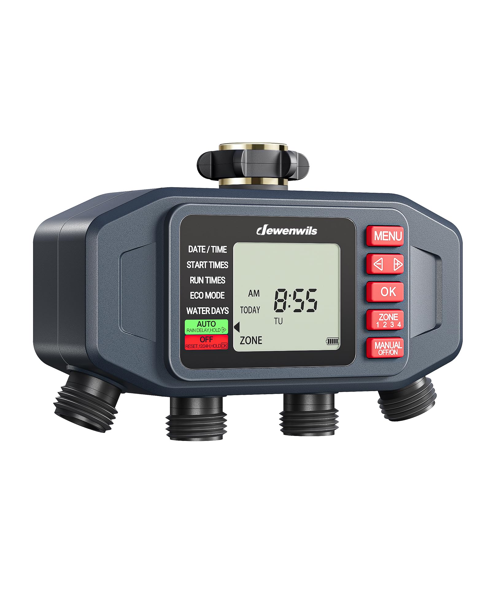 Photo 1 of DEWENWlLS Sprinkler Timer, 4 Zone, Outdoor Faucet lrigation, Rain Delay & Manual, Programmable Water Hose Timer for Holiday, Garden, Lawn, Vegetable Gardening, Potted Flowers