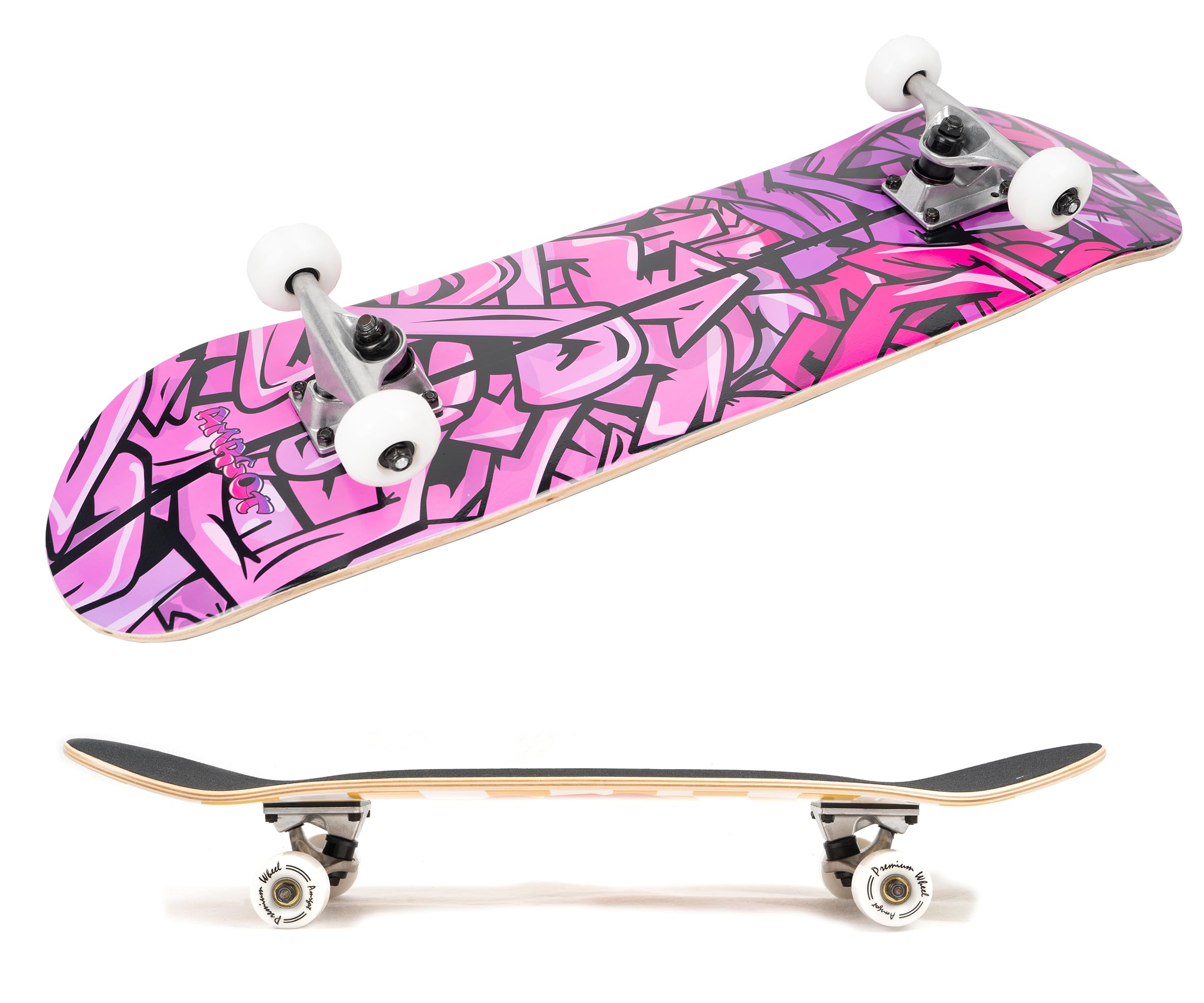 Amrgot Skateboards for Beginners,31 * 8 inches Complete Skateboards for Kids,Boys,Girls and Adults,7 Layer Maple Wood,Double Kick Deck Concave Standard and Tricks Skateboard (Purple Graffiti)