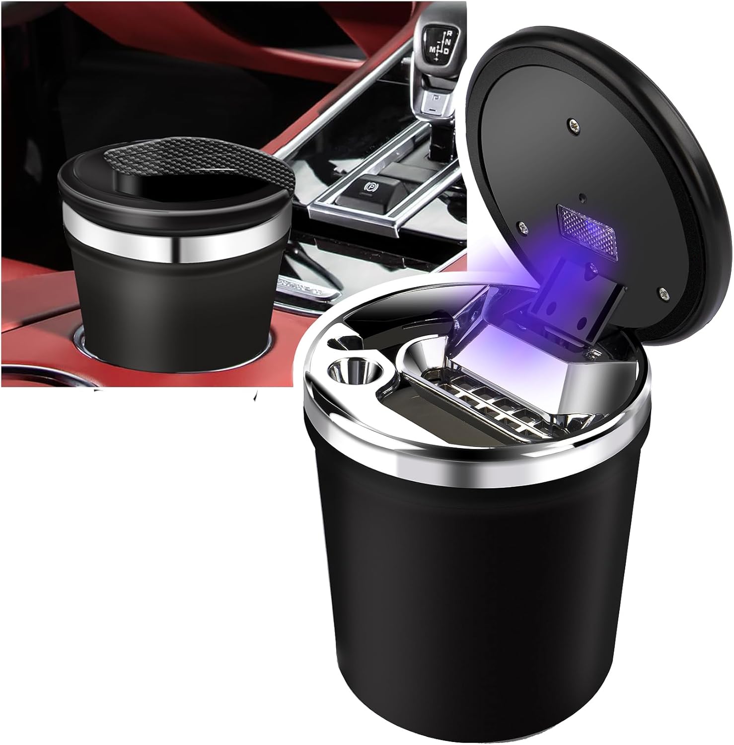 Car Ashtray Smell Proof with Lid,Smokeless Ashtray for Car cup holder with Carbon Fiber Pattern, Portable Ash Tray Ceramic Inner Wall with LED, Men's Gift for Travel, RV,Outdoor,Home