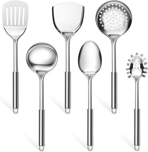 E-far Juego de utensilios de cocina de 6 piezas, utensilios de cocina de acero inoxidable, juego de herramientas de cocina resistentes al calor de