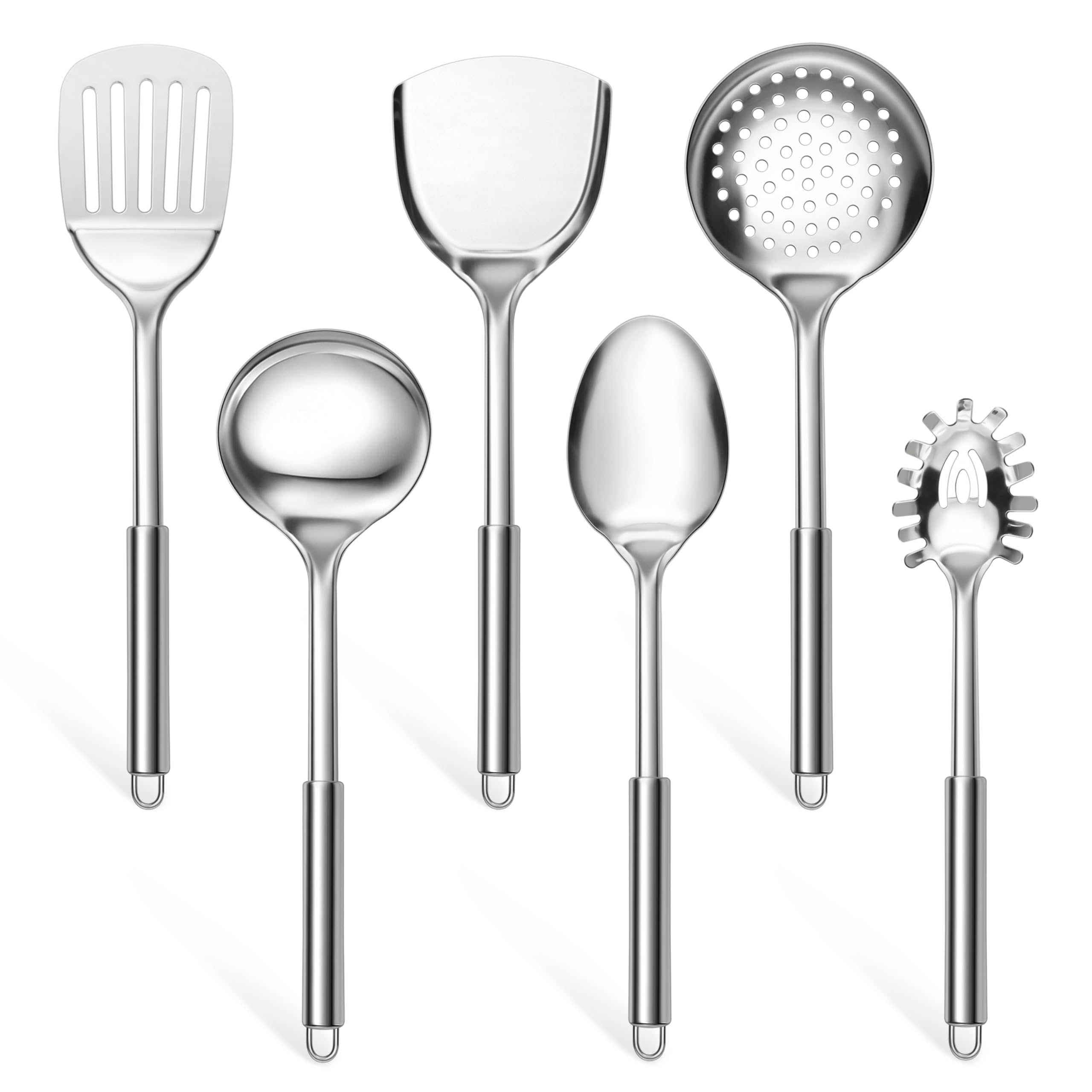E-far 6-Piece Cooking Utensils Set, Stainless Steel Kitchen Utensils, Metal Heat Resistant Kitchen Tools Set Including Spoon, Soup Ladle, Slotted/Solid Turner, Skimmer, Pasta Server, Dishwasher Safe