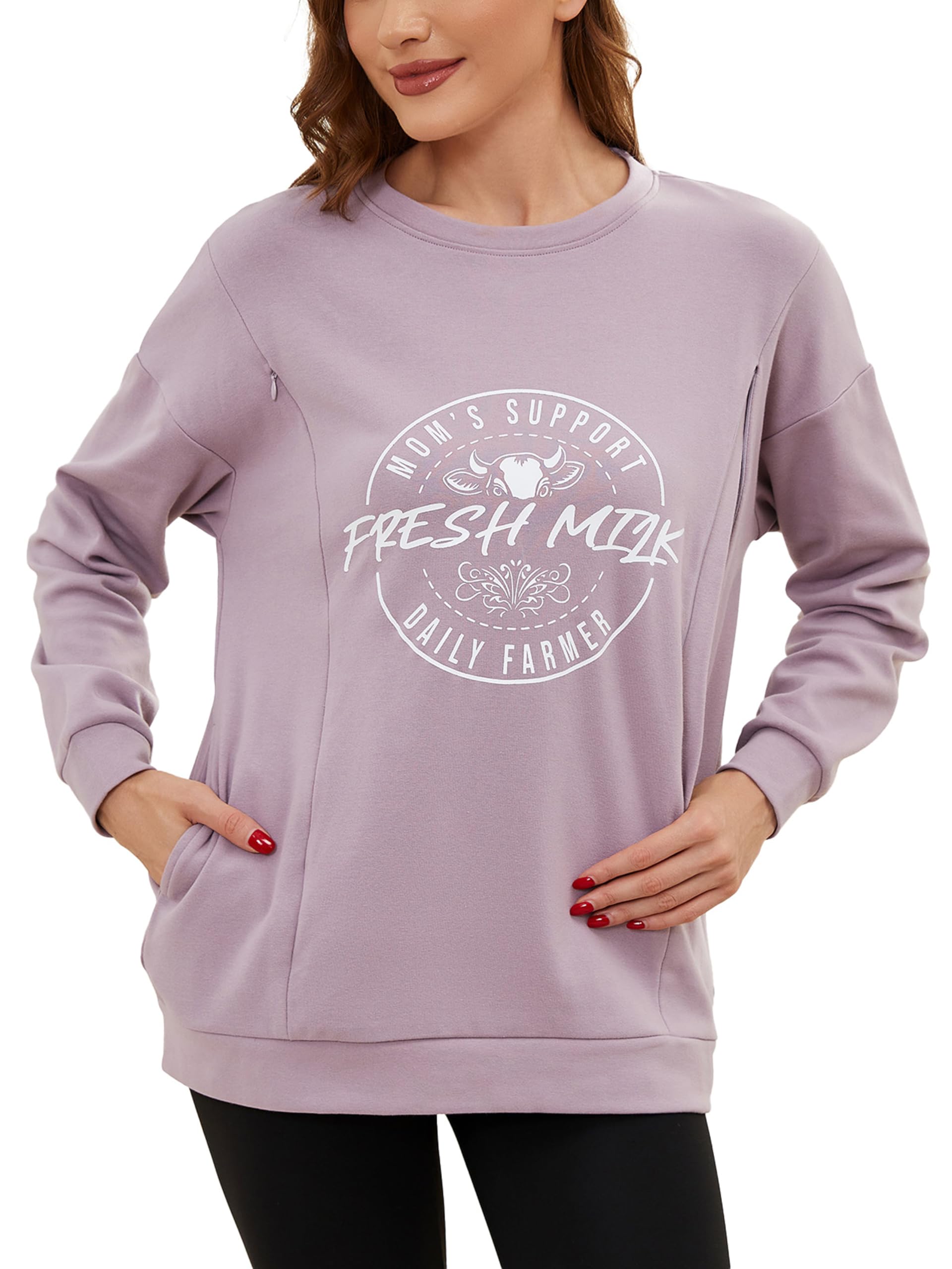 Mujer Manga Larga Camiseta de Lactancia Casual Cremallera Invisible Sudadera para Lactancia Ropa de Maternidad con Bolsillo