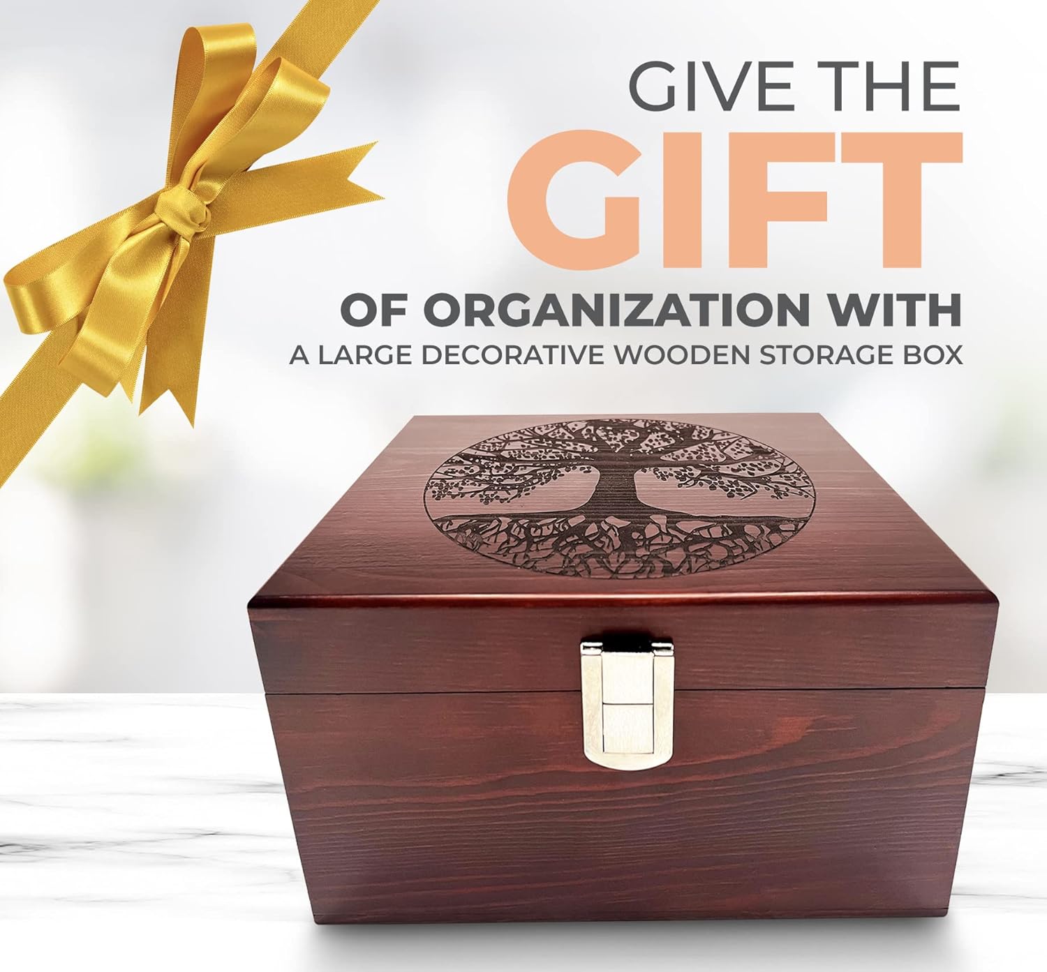 Blake & Lake Tree of Life Large Wooden Decorative Box - Wooden Keepsake Box with Hinged Lid and Metal Latch Wood Storage Boxes with Lid Engraved Design (Dark Pine Wood)