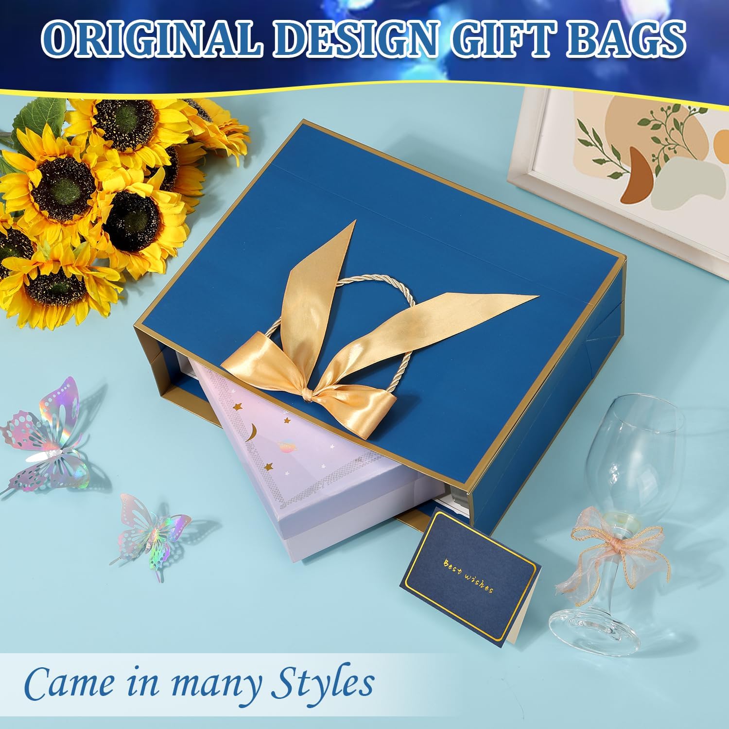 1PCS Dark Blue Gift Bag with Ribbon and 2 Tissue Paper 1 Greeting Card, Large Portable Paper Gift Bags with Handles, Paper Bags for Retail, Party, Shopping, Favor, Wedding Party Mothers Day, Birthday Gift Bags - Image 4