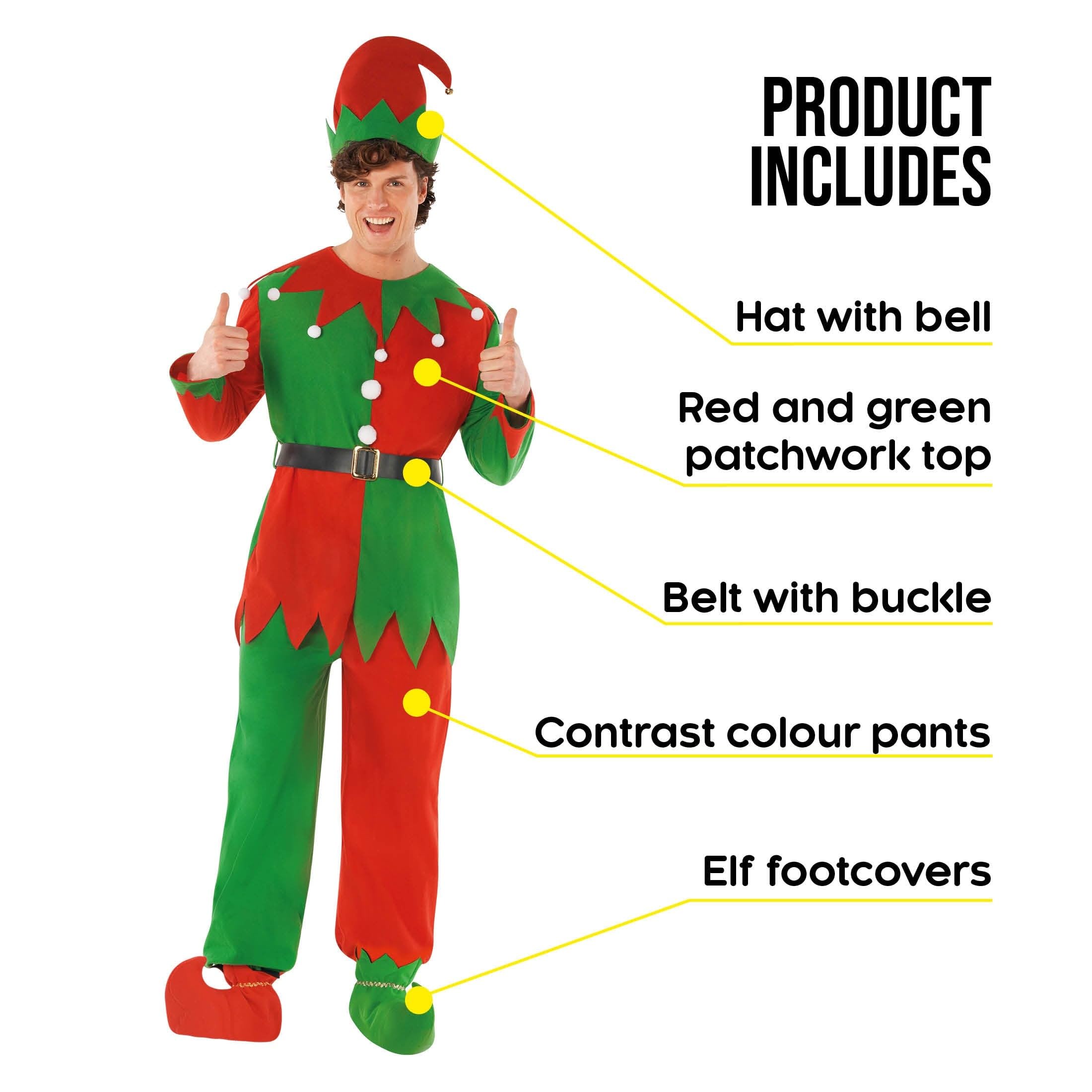 Morph Deguisement Elfe Homme, Costume Lutin de Noel Halloween Homme | Haut, Pantalon, Ceinture, Couvre-Chaussures & Bonnet, Look Lutin de Noël, Parfait pour Halloween, Idéal pour se Déguiser
