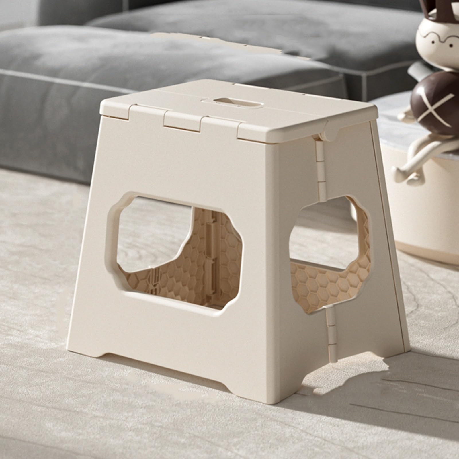 Lot de 2 marchepieds pliables compacts et légers pour cuisine, salle de bain, salon, tapis antidérapant et portable pour économiser de l'espace (beige, taille L)