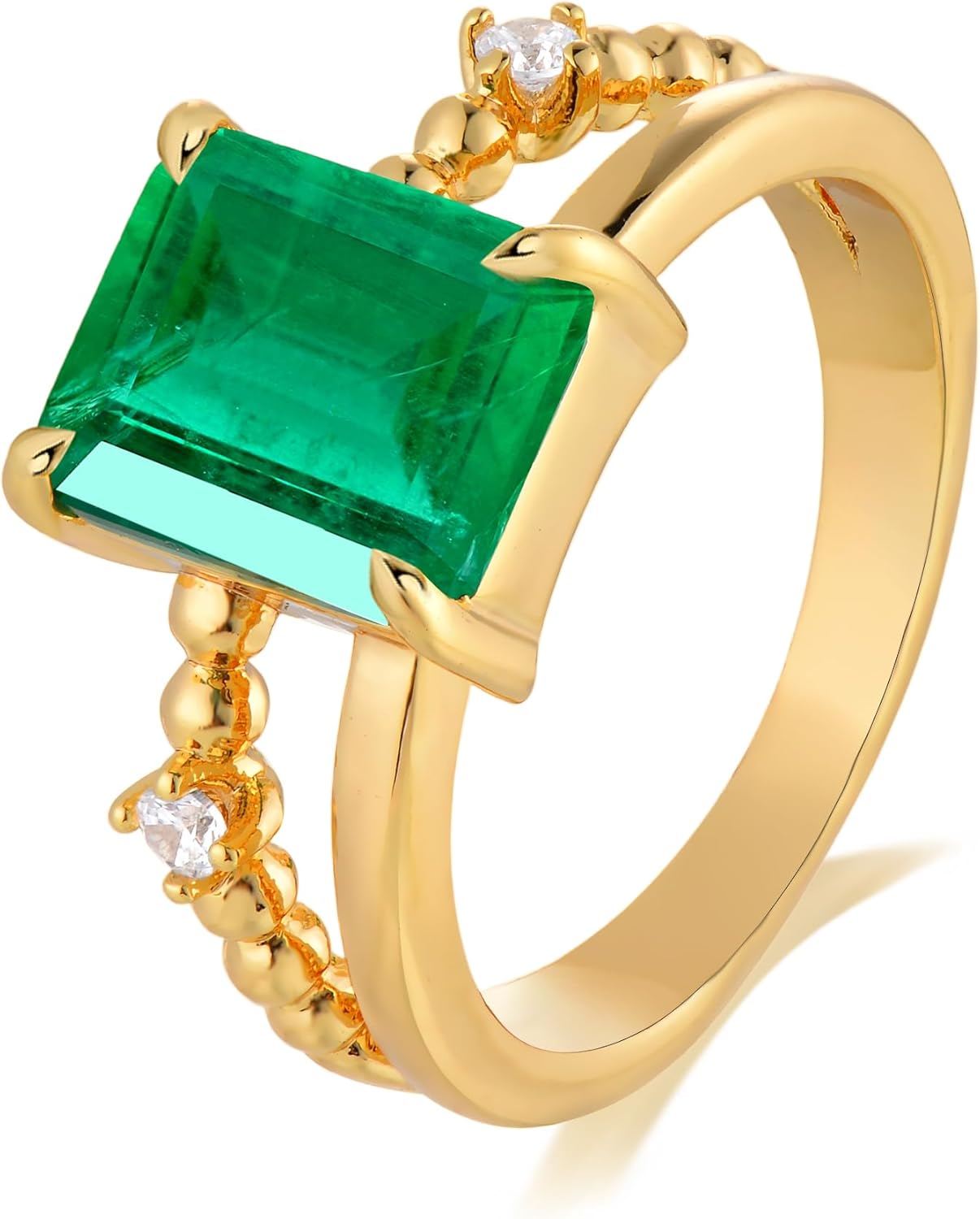 MTMY Gold Simulated Emerald Rings - 14K Gold Plated Dainty Green Stacking & Statement Rings for Women, Size 6 to 8