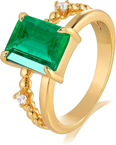 MTMY Gold Simulated Emerald Rings 14K Gold Plated Rings for Women Dainty Green Rings Stacking Ring Statement Ring Cut Simulated Emerald Gemstones CZ