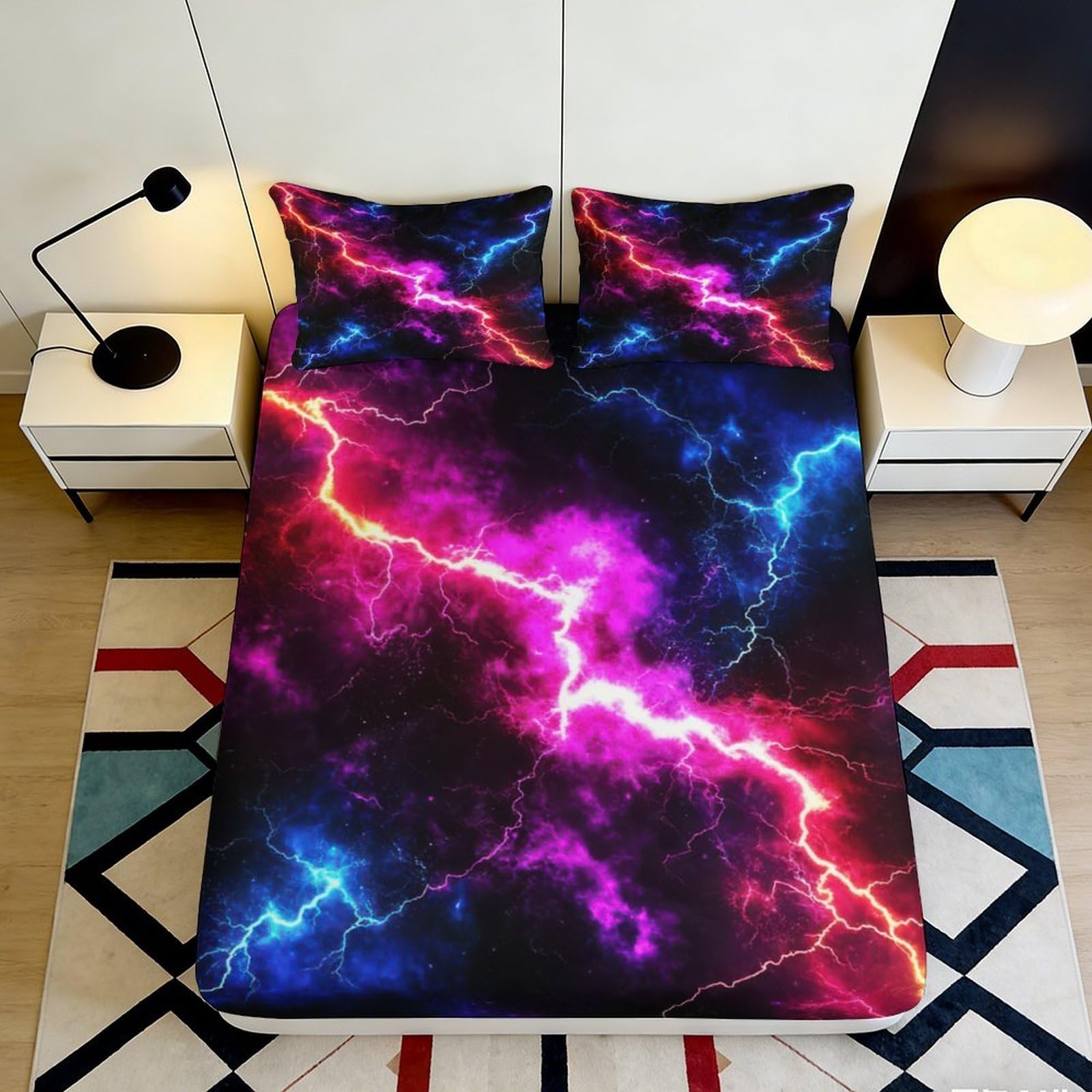 3D Printed Electric Lightning Fitted Sheet Microfiber Soft Breathable Neon Thunder Bed Cover for Bedroom Dorm Decor 90x200x25cm